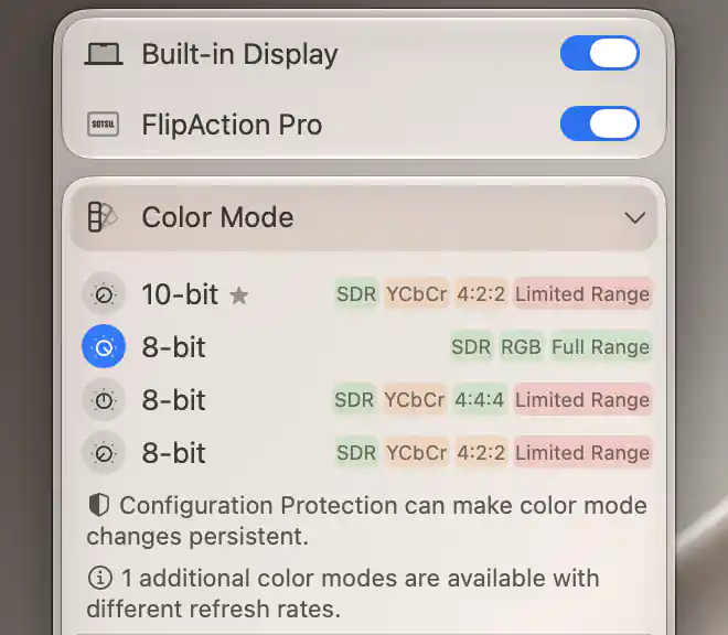 FlipAction Pro Color Mode menu with active8-bit SDR RGB Full Range, genuine preferred star, offered YCbCr formats and configuration-protection note.