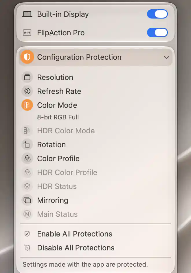 FlipAction Pro Configuration Protection with saved8-bit RGB Full SDR color mode and distinct inactive HDR protection controls.