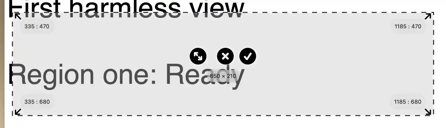 Native crop selector around one harmless source-dashboard region, with coordinate and logical-size labels and accept/cancel icons.