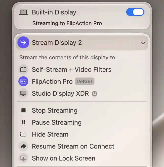 Source display’s additional stream menu with the audience target selected and Pause Streaming, Hide Stream and Stop Streaming available.
