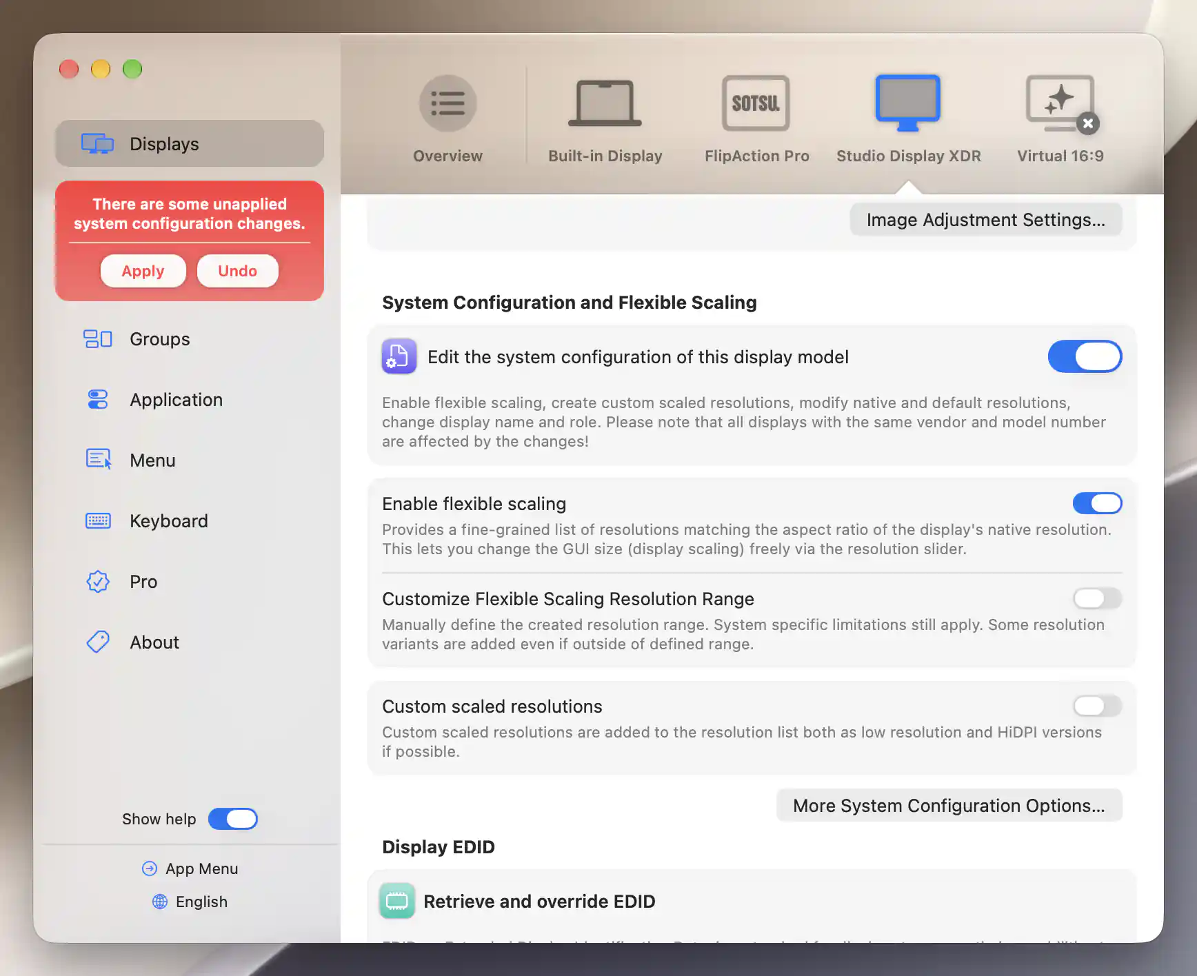 Studio Display XDR model editing and flexible scaling enabled, with pending Apply and Undo buttons