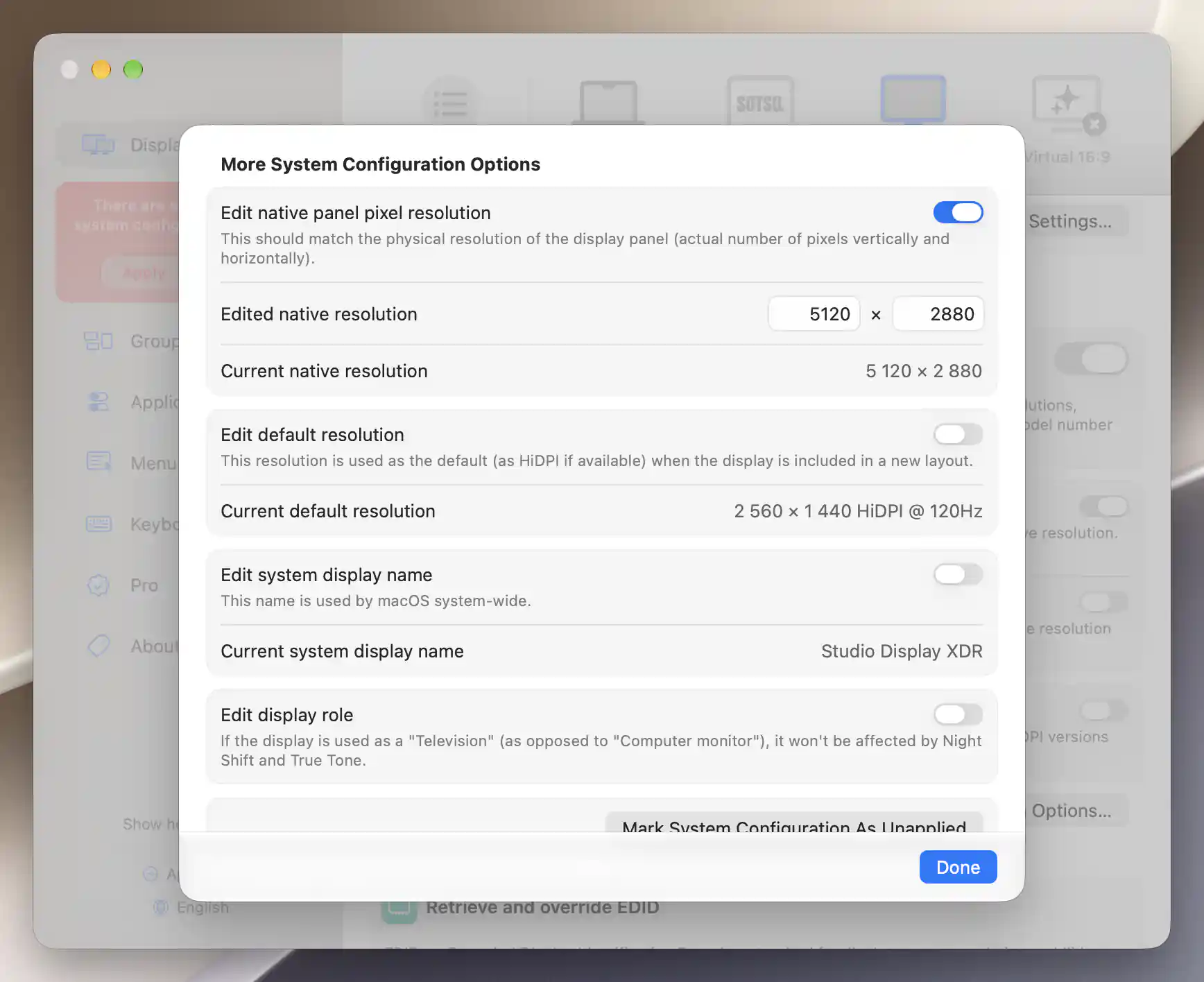 Native panel resolution editor enabled with 5120 by2880 entered for Studio Display XDR, matching the current native resolution