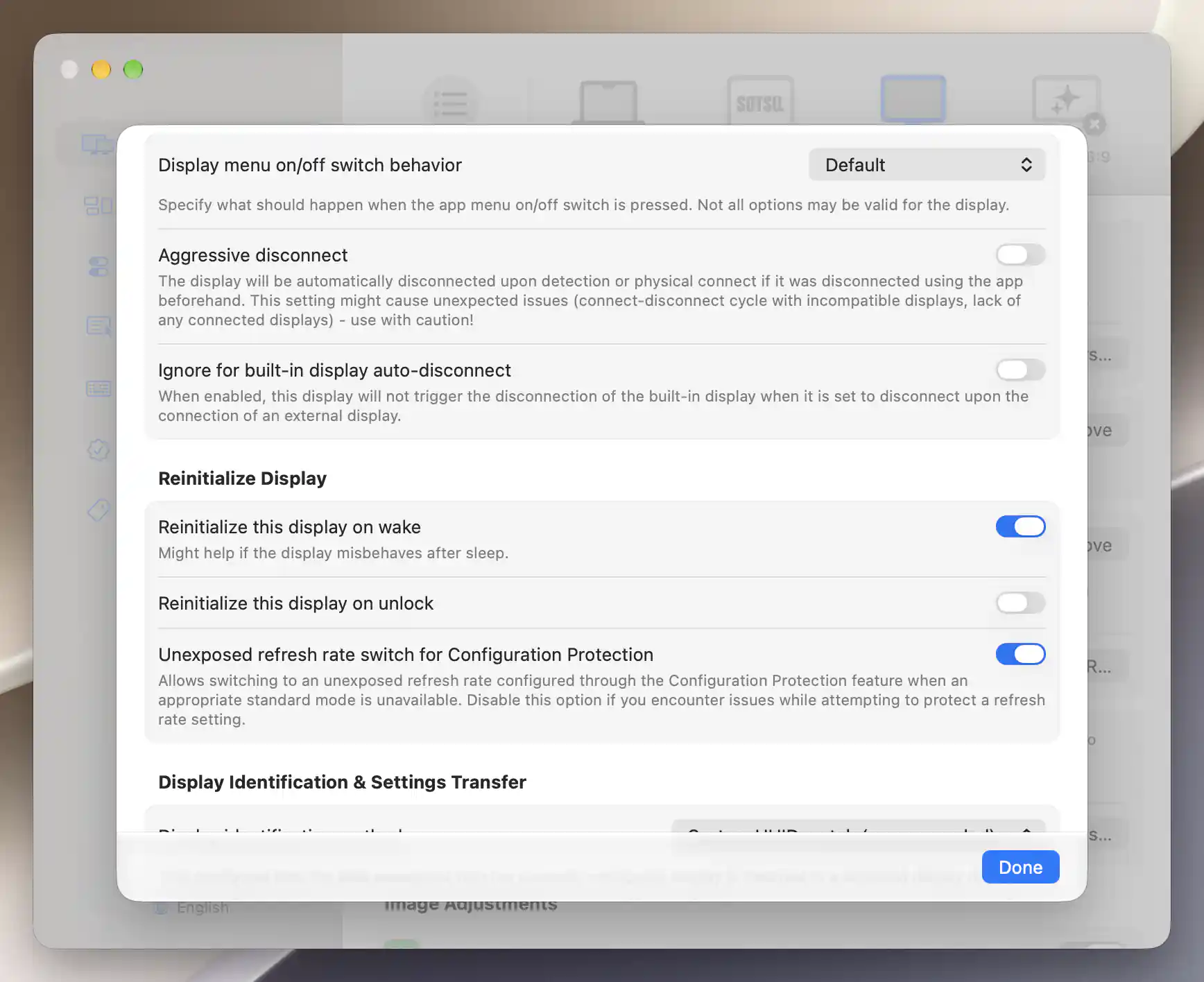 Studio Display XDR additional settings with reinitialization on wake enabled and on unlock disabled