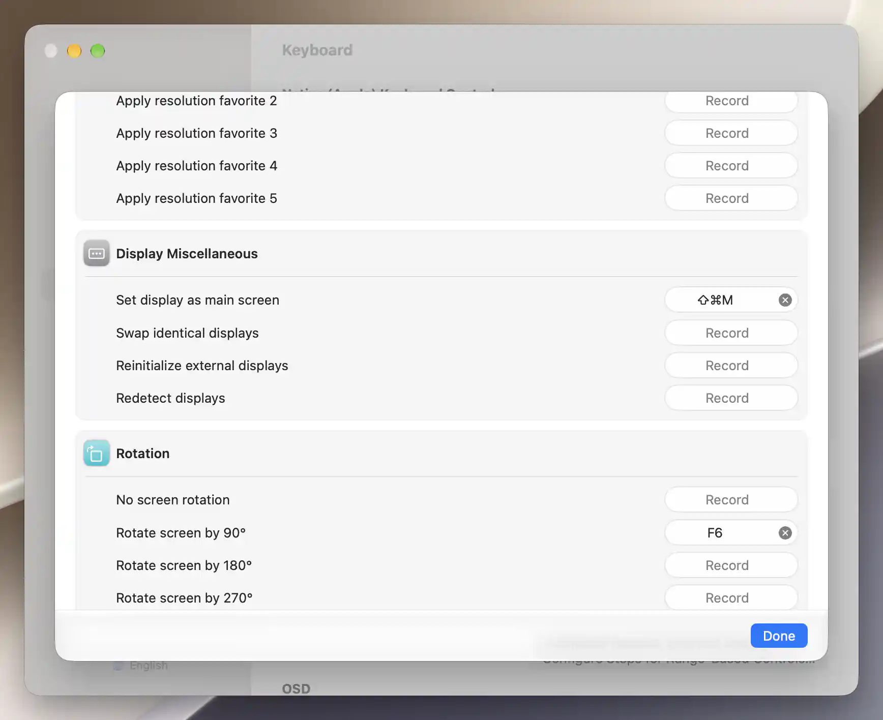 Keyboard Shortcuts sheet showing Display Miscellaneous and the unassigned Reinitialize external displays recorder