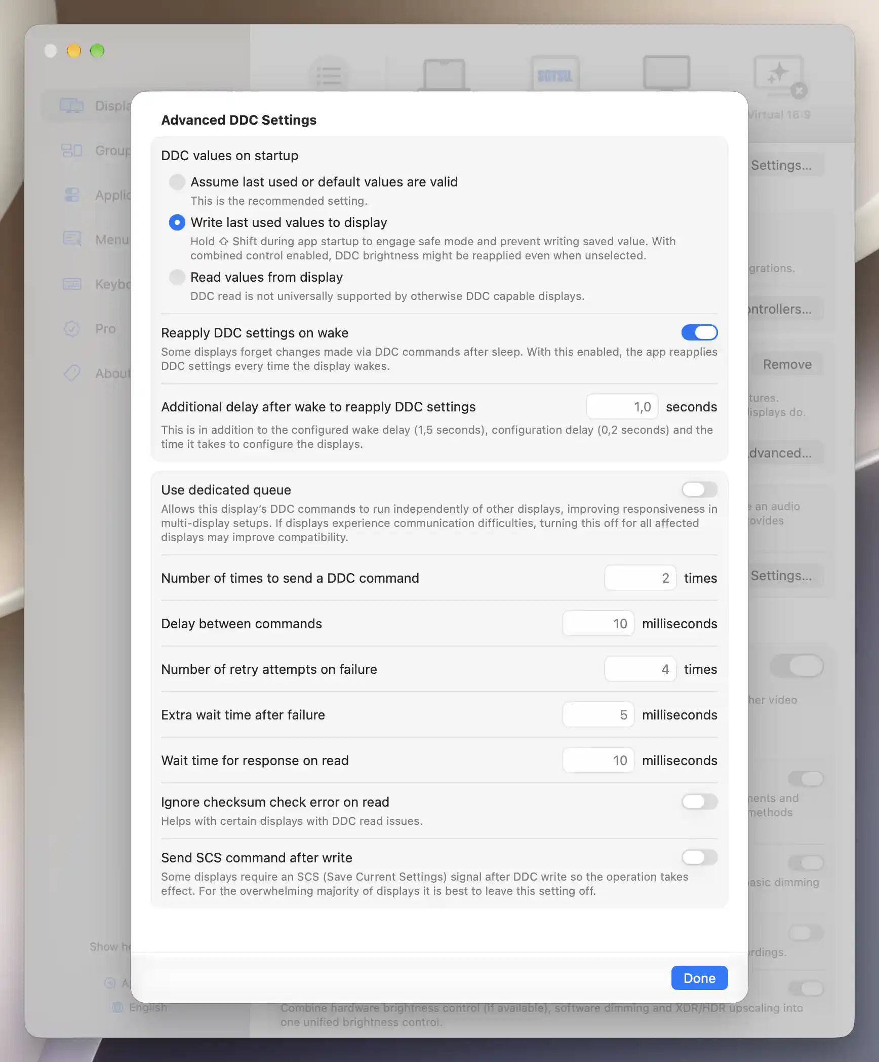 FlipAction Pro Advanced DDC Settings with dedicated queue off, original startup and wake policies retained, and empty timing overrides.