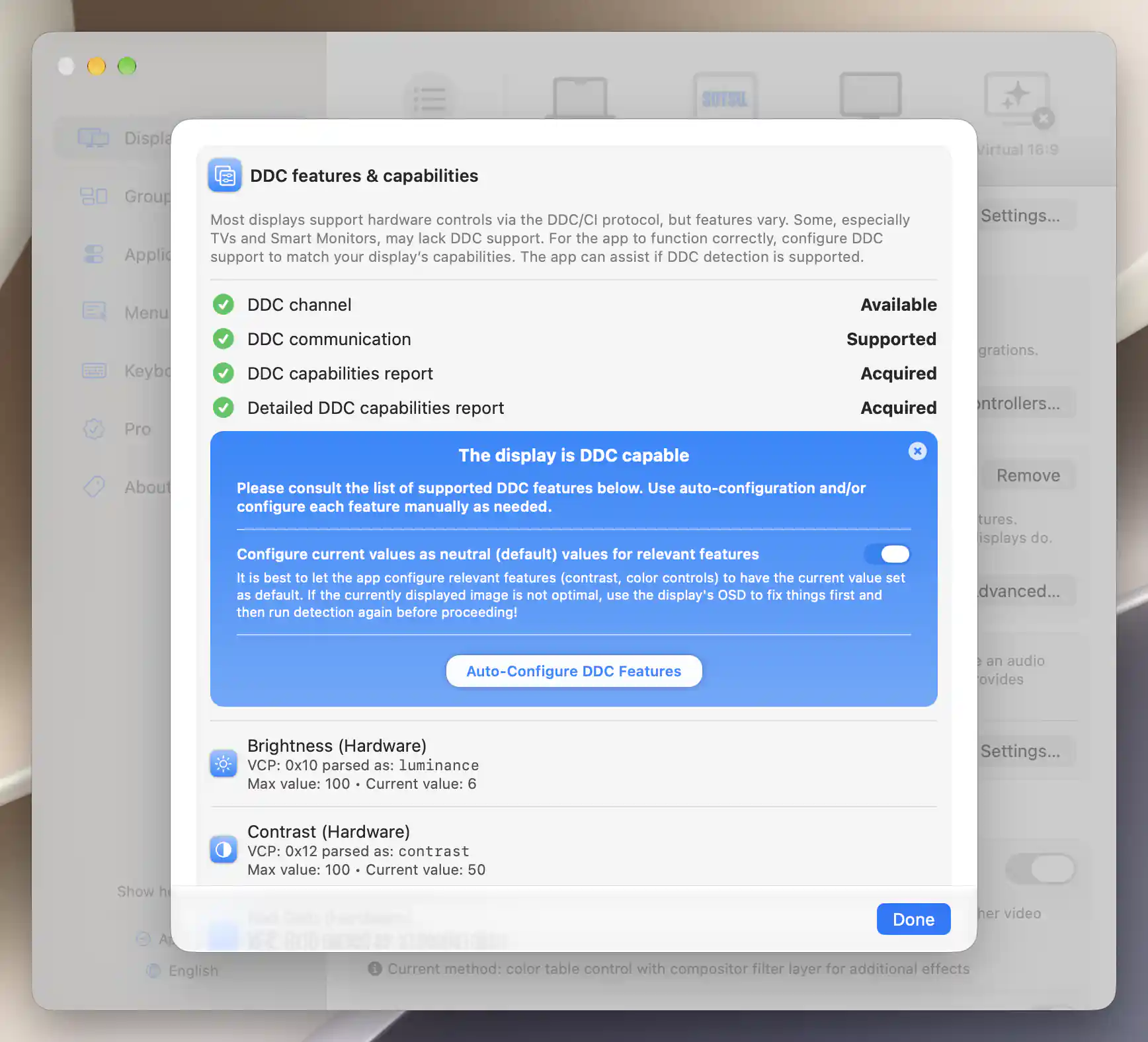 FlipAction Pro DDC detection with four completed status rows and actual brightness and contrast VCP readbacks; automatic configuration is untouched.