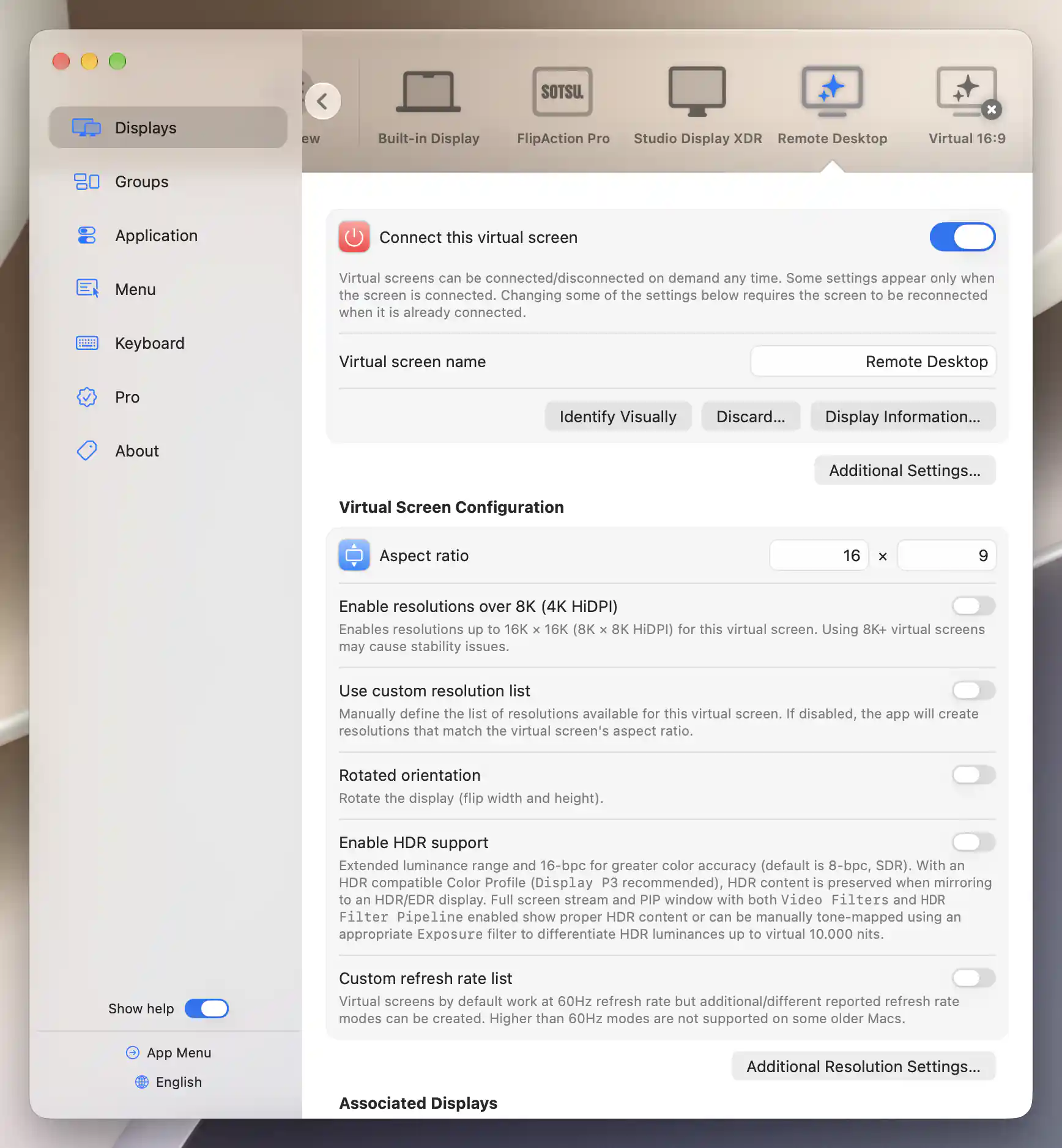Remote Desktop connected as an independent 16:9 virtual screen with custom resolution list, rotation, HDR and custom refresh list off.