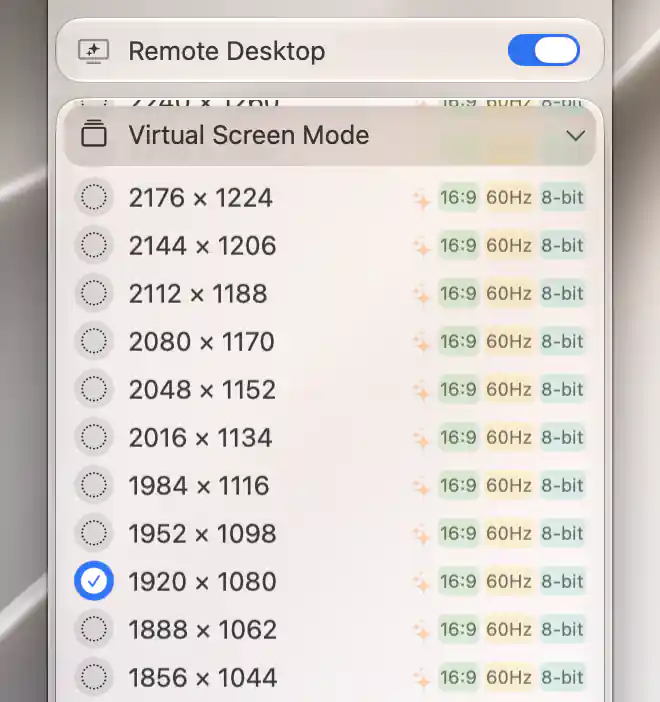 Remote Desktop native mode list with the actual selected 1920 × 1080 HiDPI, 16:9, 60Hz and 8-bit mode.