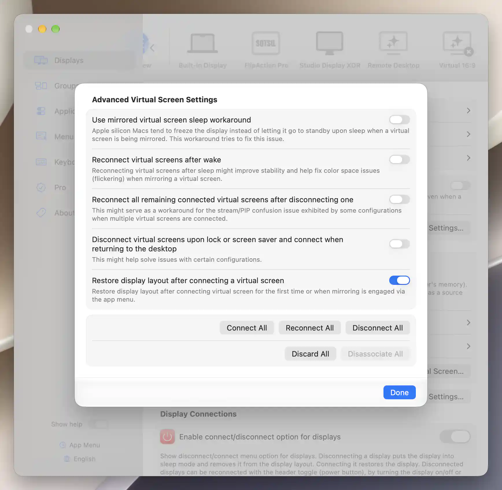 Apple silicon Advanced Virtual Screen Settings with connection workarounds off and display layout restoration on.