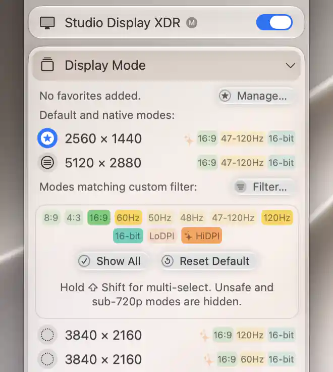 Studio Display XDR native HiDPI mode filter with 60 and 120 Hz selected