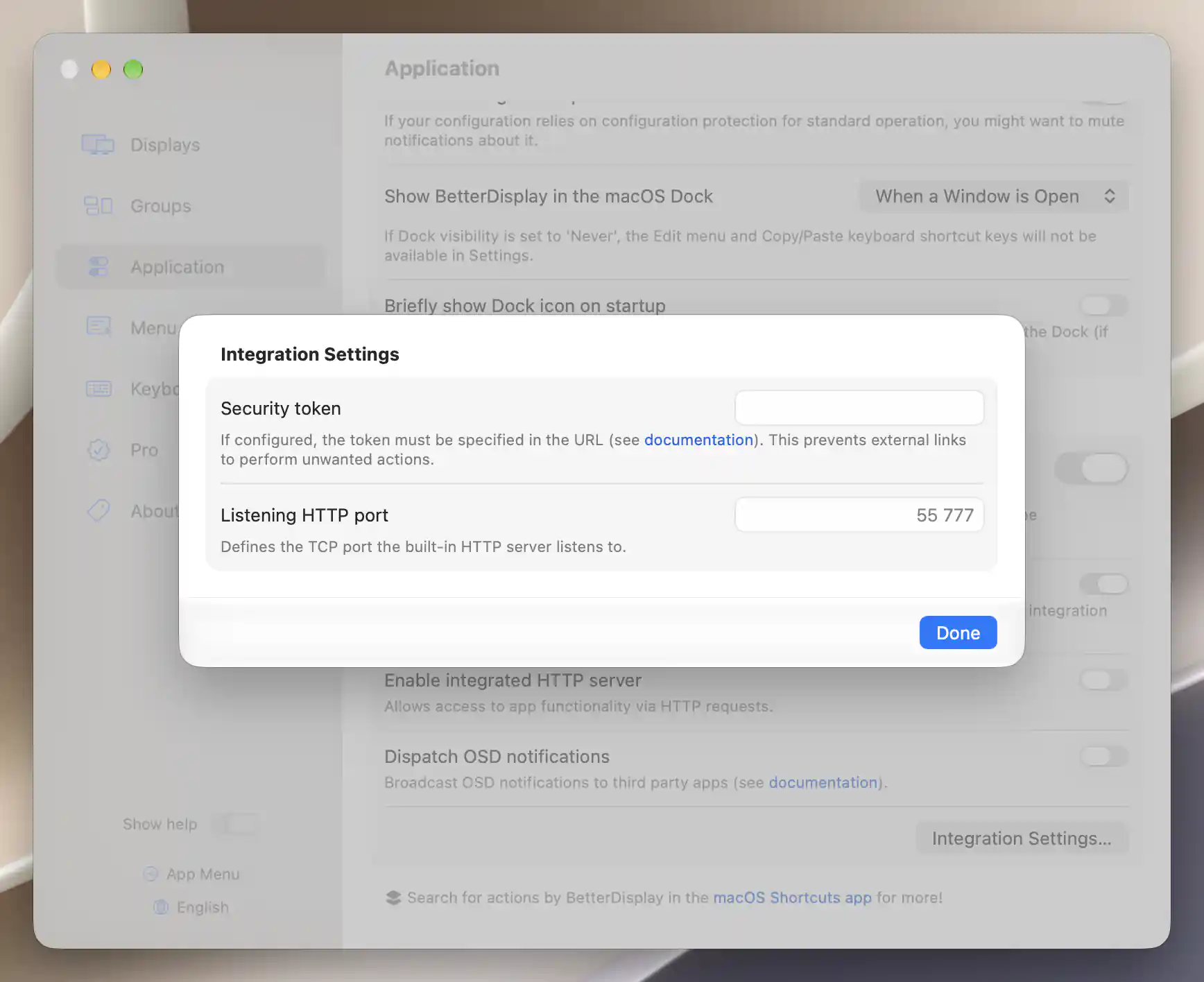 Integration Settings with an empty editable Security token and disabled Listening HTTP port during staged preparation.