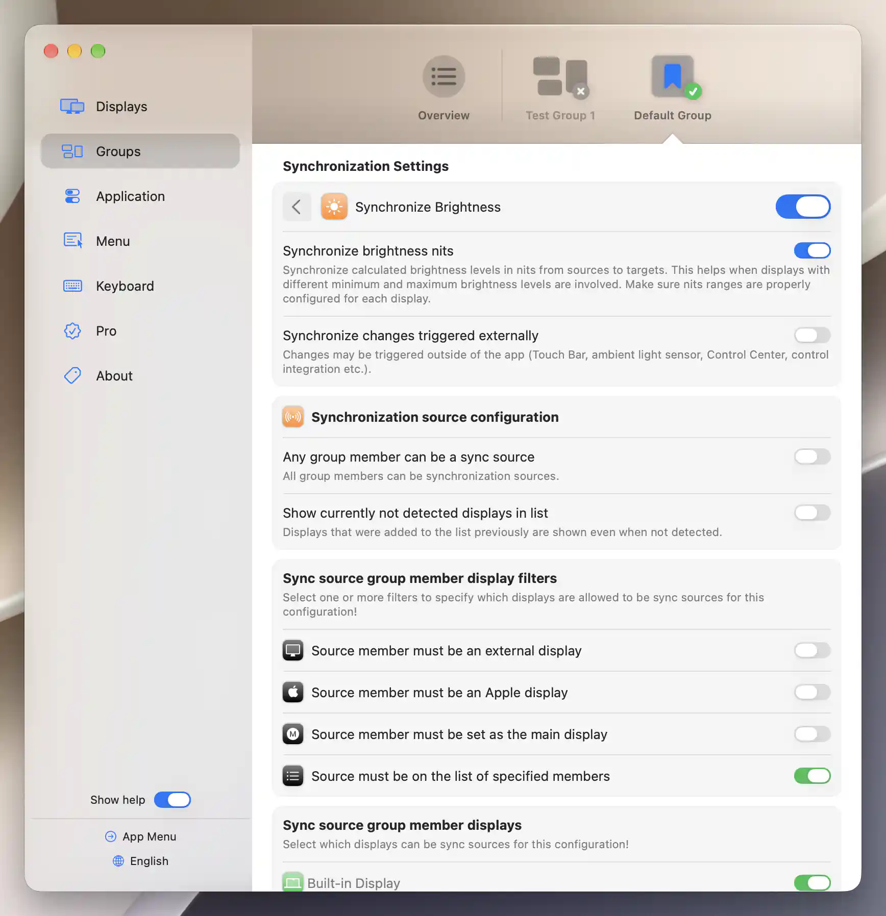 Default Group brightness synchronization with calculated nits enabled and external changes disabled