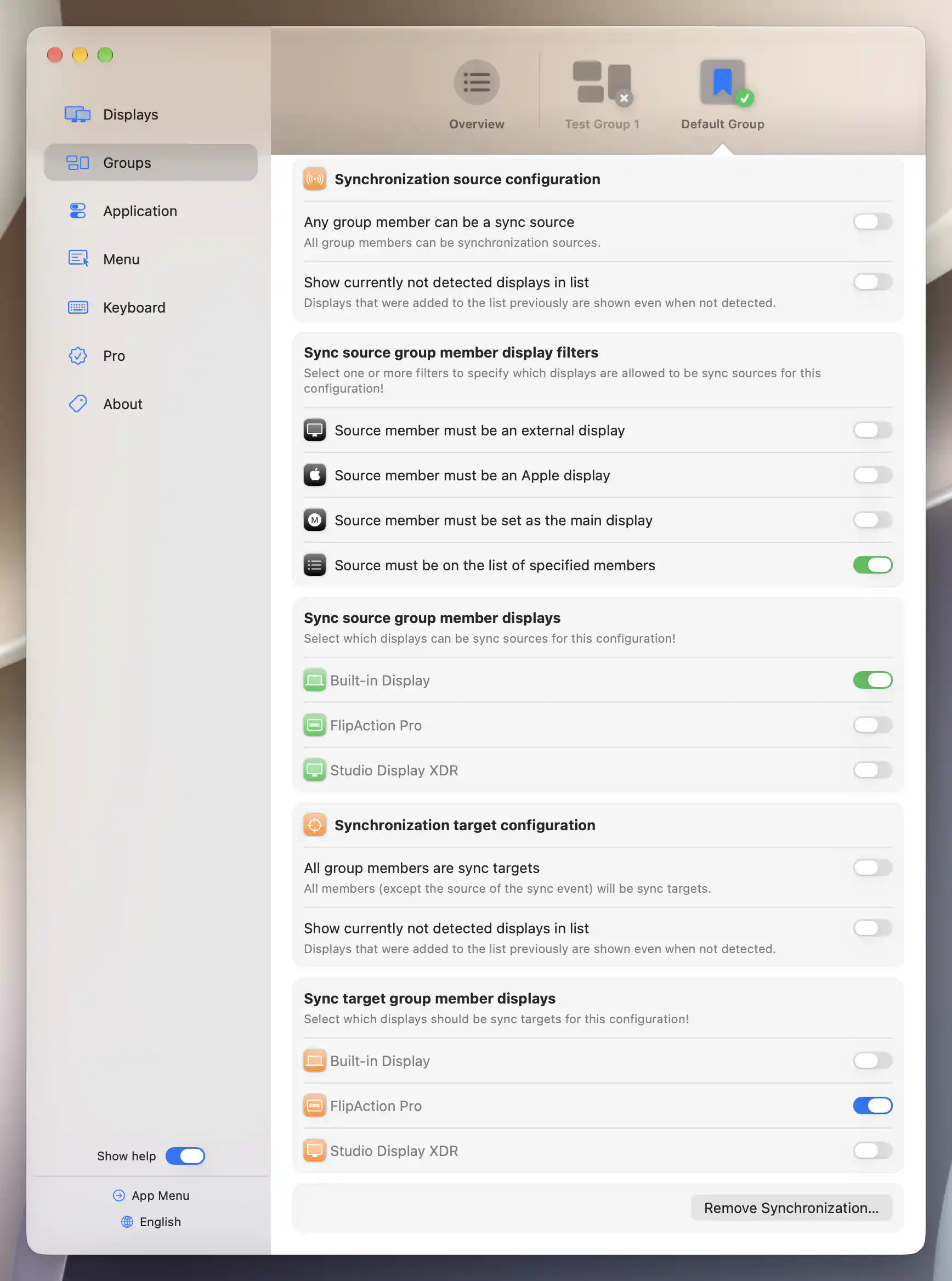 Default Group one-way brightness route with Built-in Display as sole source and FlipAction Pro as sole target