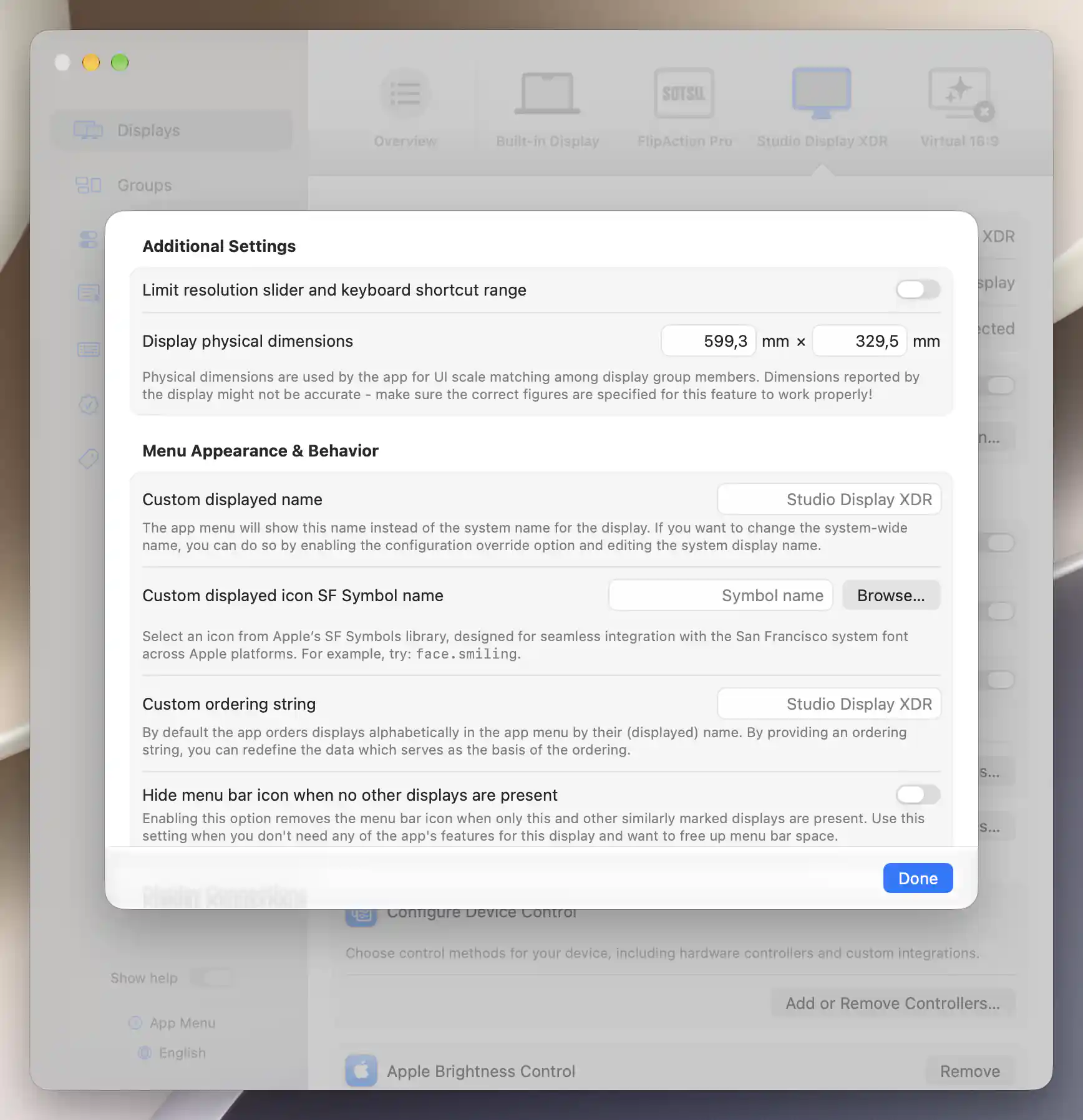 XDR Additional Settings with hardware-reported physical dimensions 599.3 by 329.5 millimeters and resolution-range limit off
