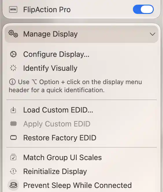 FlipAction Pro attached App Menu with Manage Display expanded and Match Group UI Scales enabled