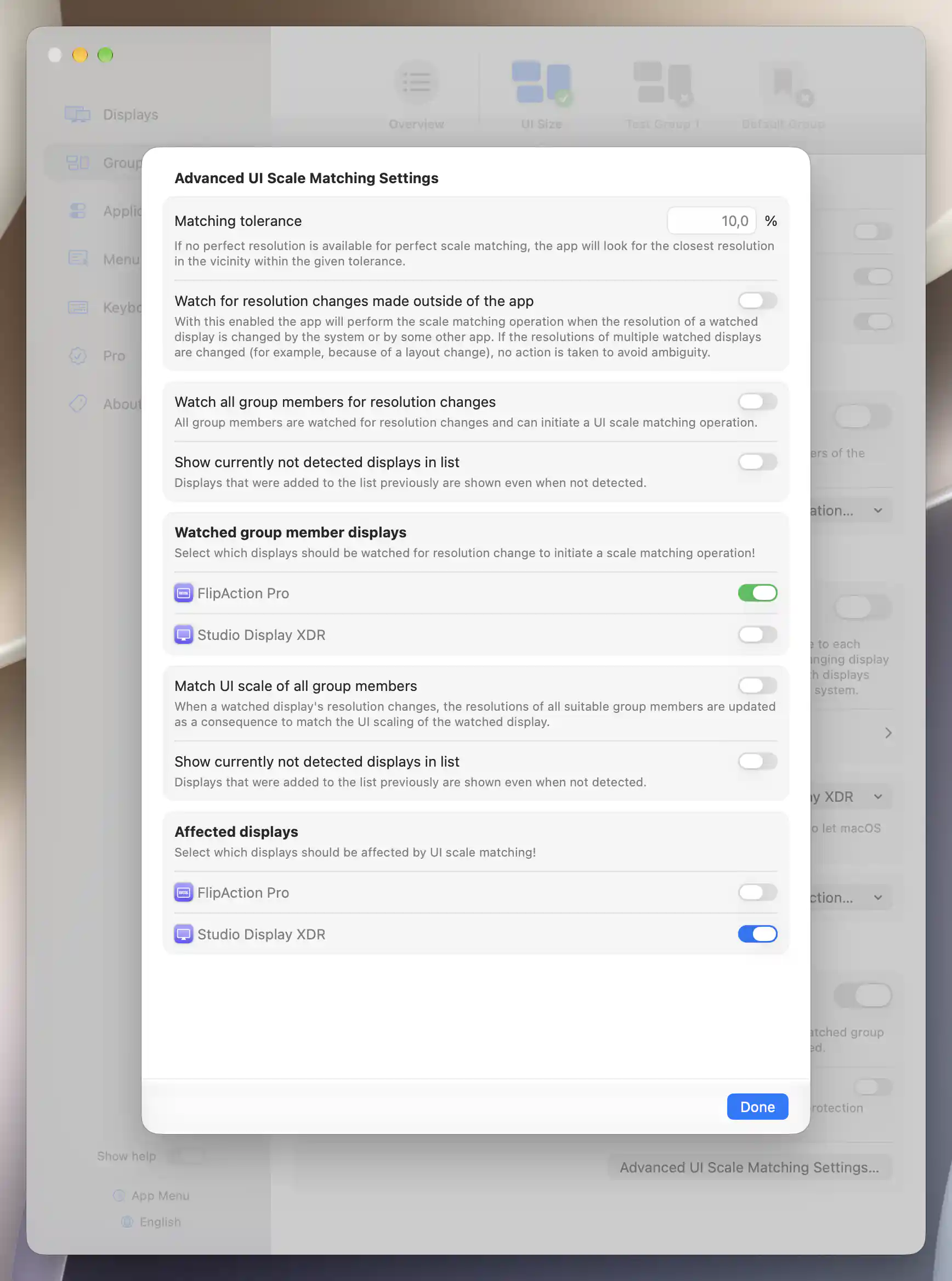 Advanced UI scale sheet with FlipAction Pro watched, XDR affected, outside watching off and native default tolerance