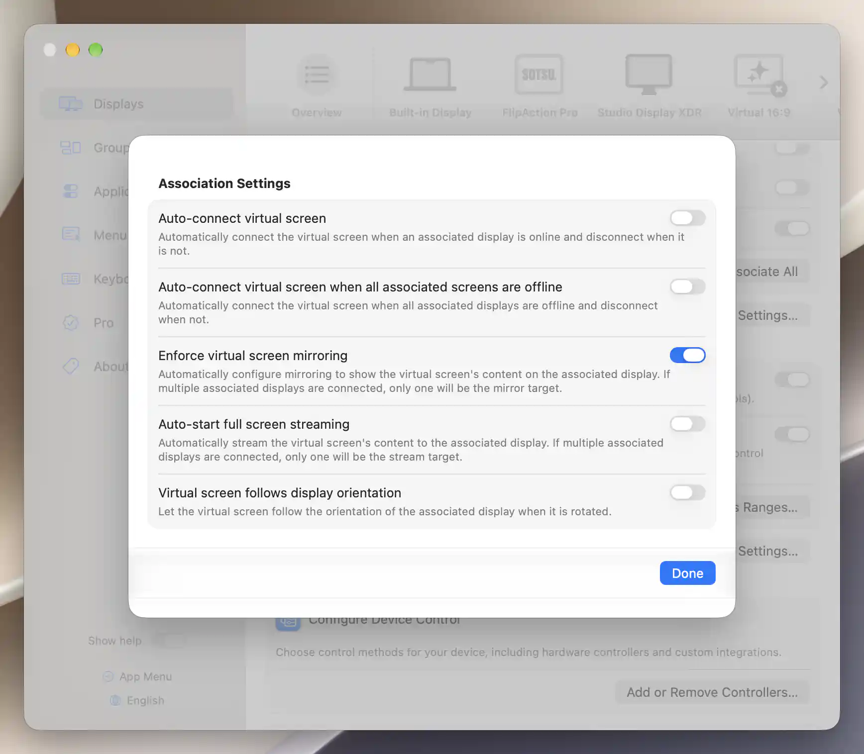 Association Settings for the task virtual desktop: both auto-connect policies off, enforced mirroring on, full-screen streaming and orientation following off. FlipAction Pro is the sole illustrative receiver.