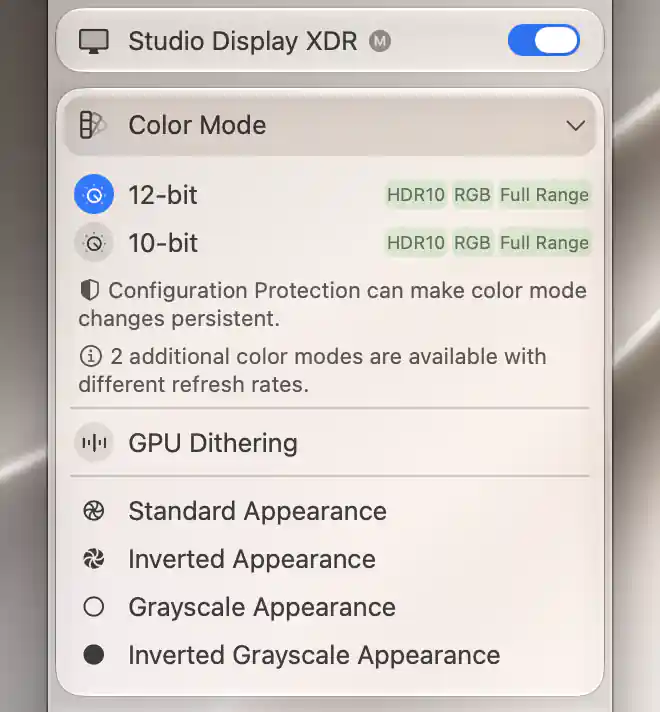 Studio Display XDR Color Mode menu with GPU Dithering turned off