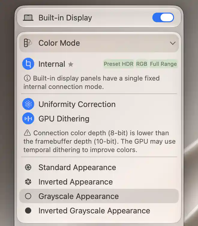 Built-in Display Color Mode menu with Grayscale Appearance applied and its action row highlighted