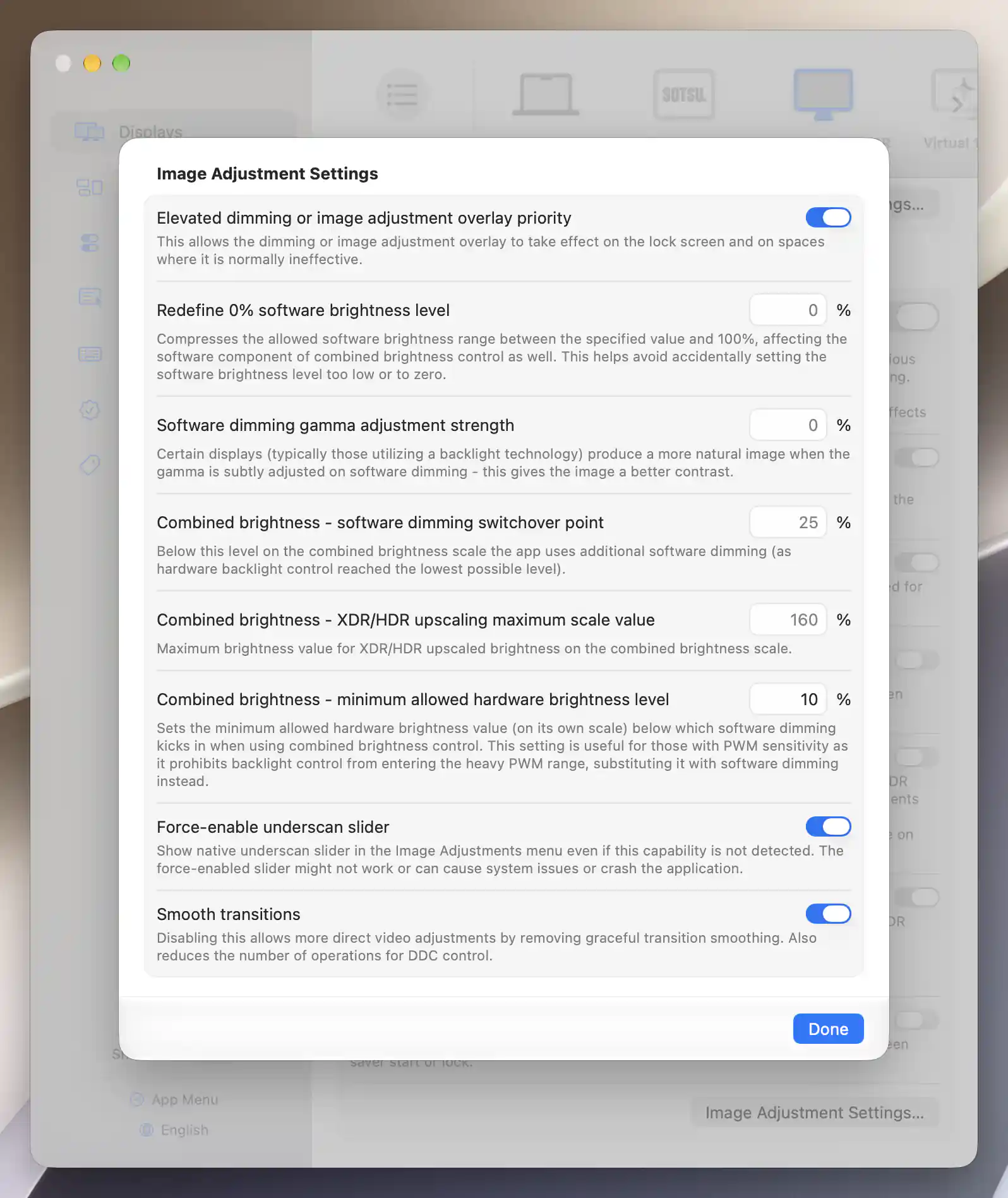 Image Adjustment Settings with an illustrative 10% minimum hardware brightness