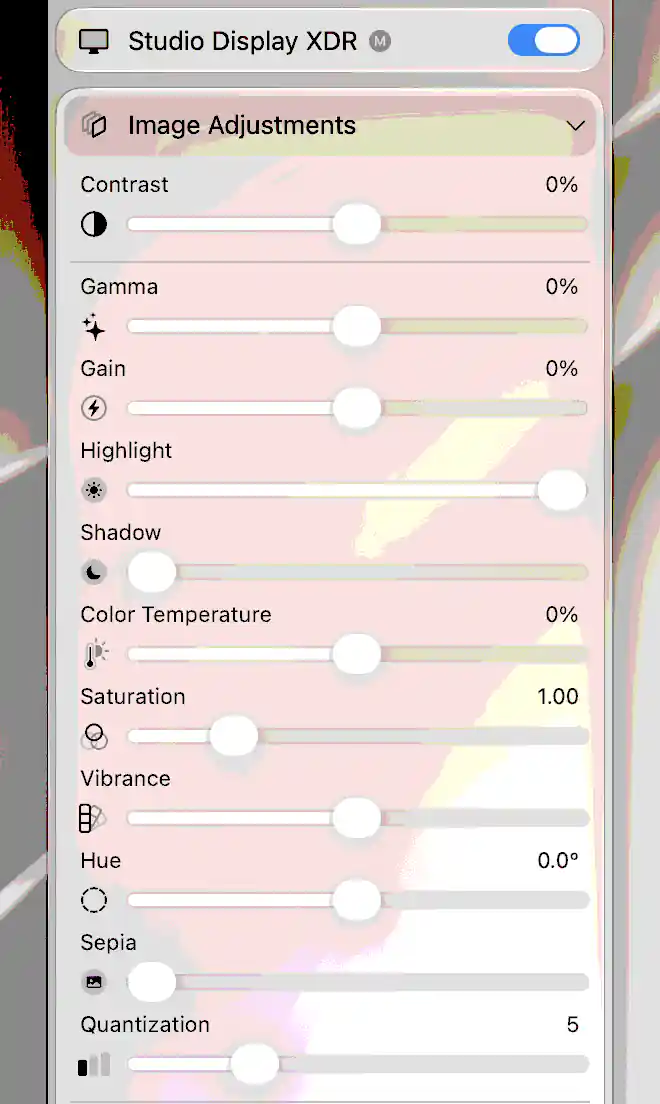 Studio Display XDR Image Adjustments menu with Quantization set to five levels through the compositor
