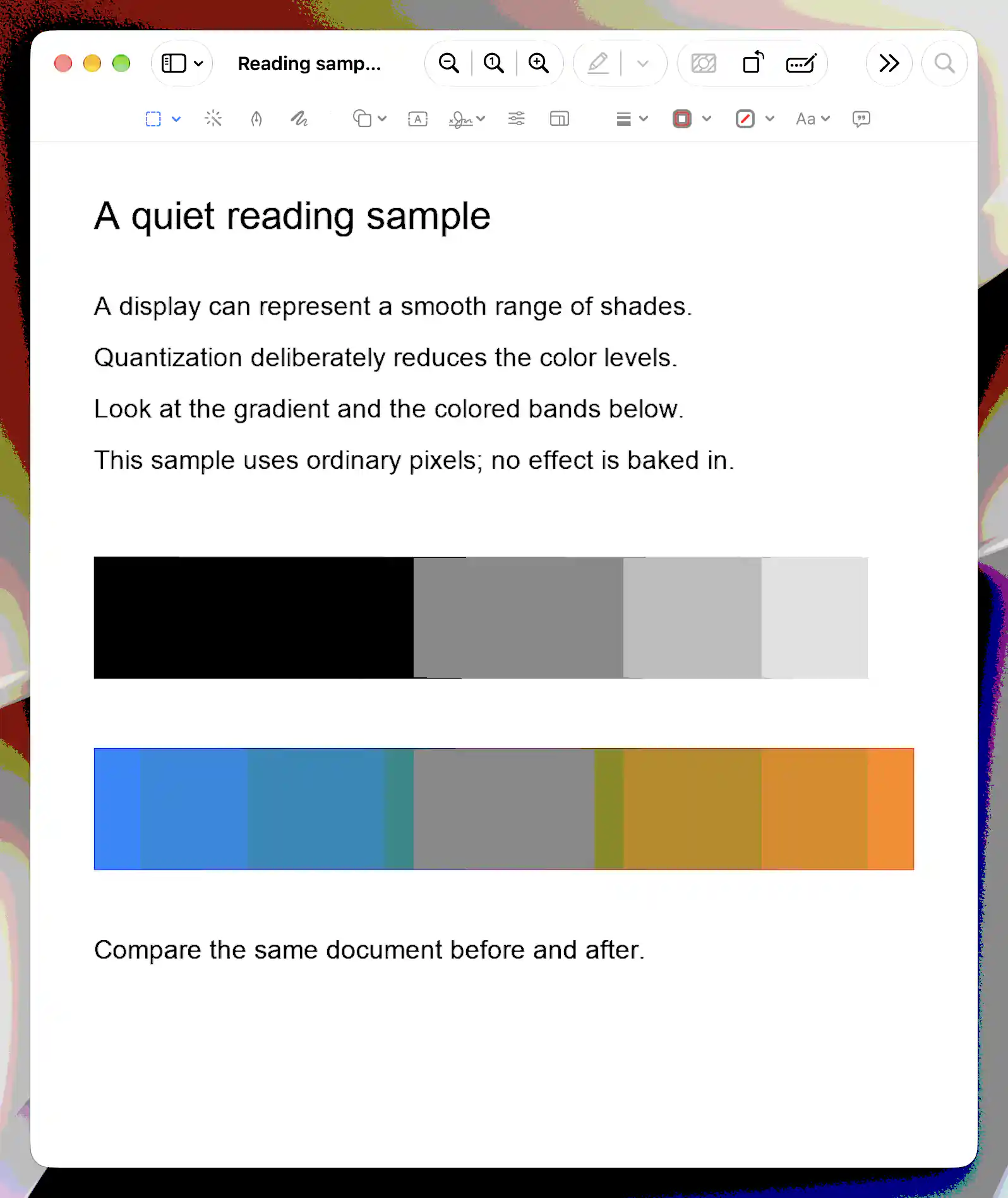 Native Preview sample with grayscale and color gradients stepped by BetterDisplay Quantization