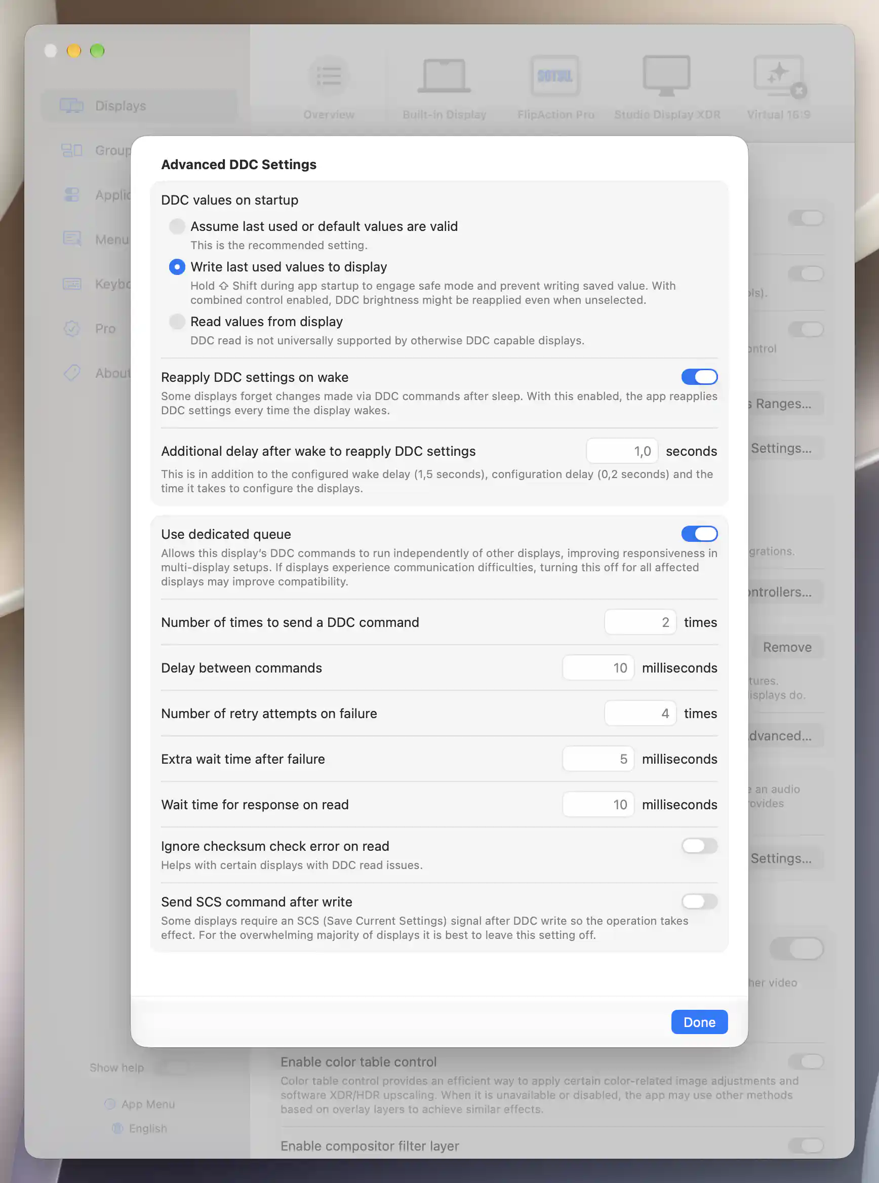 FlipAction Pro Advanced DDC Settings with wake reapplication enabled, an unset extra delay and the unchanged startup write policy.