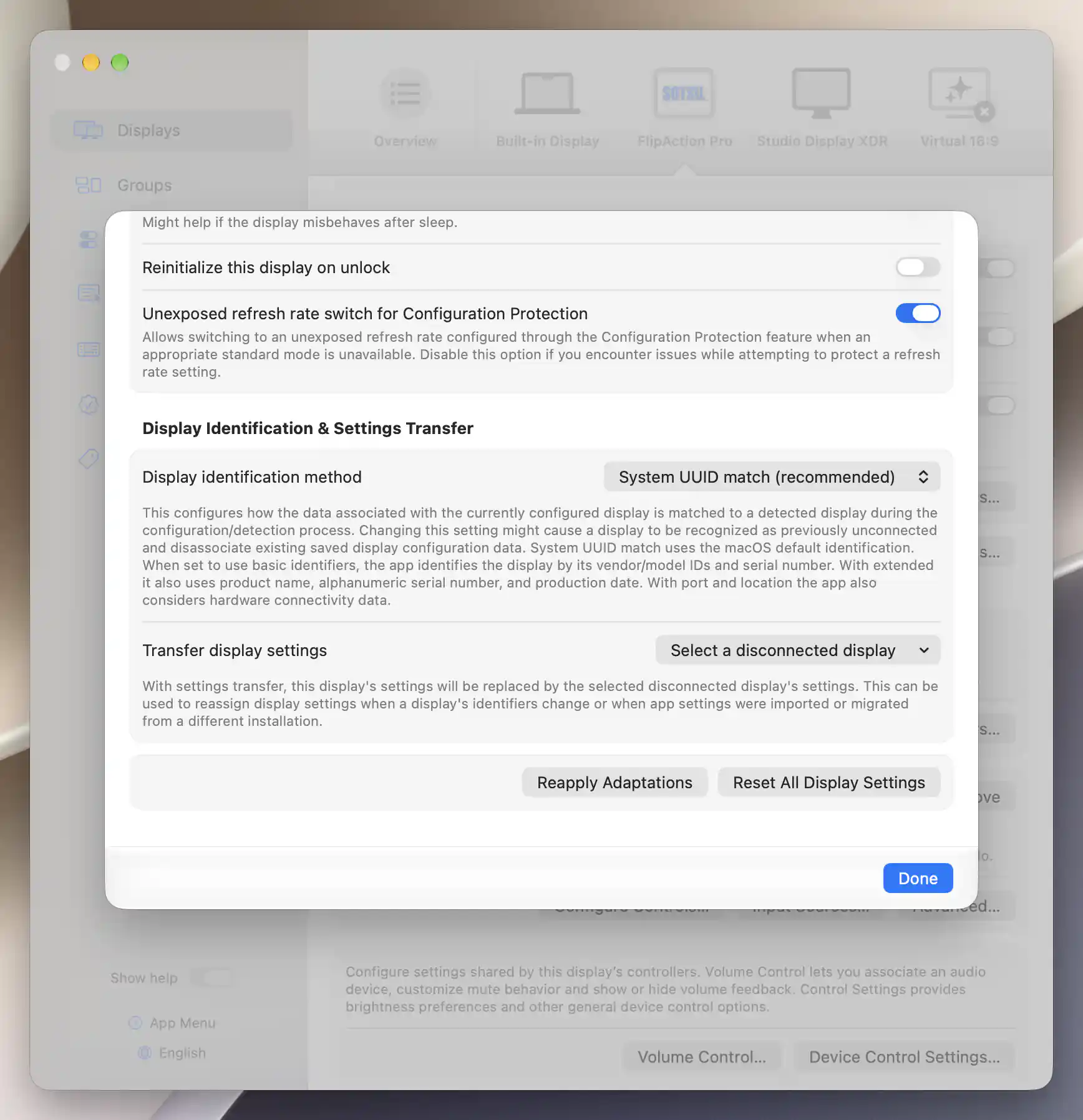 FlipAction Pro Additional Settings showing the saved System UUID match method and unchanged settings-transfer selector.