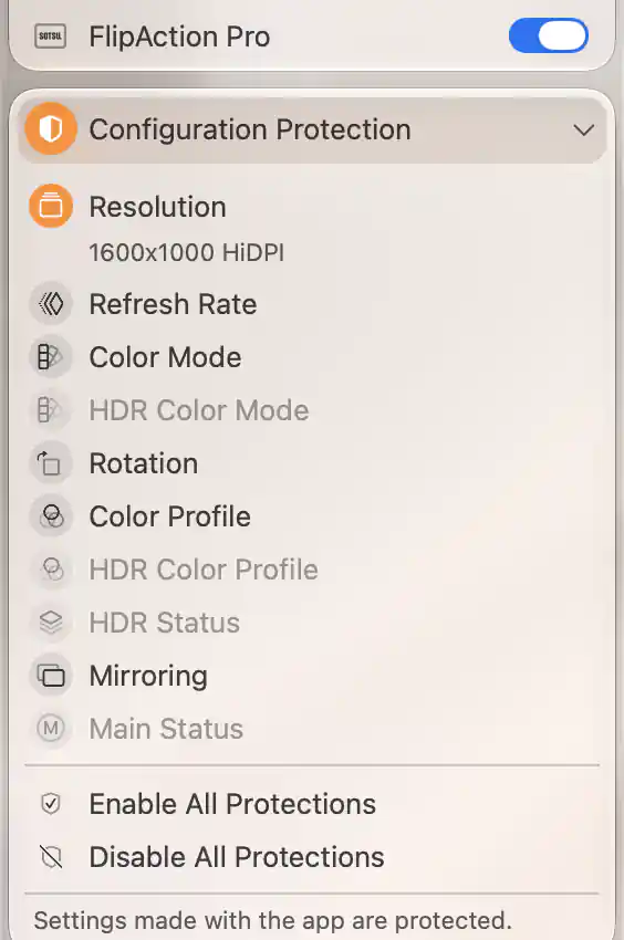 FlipAction Pro Configuration Protection showing only Resolution newly enabled for its actual 1600 by 1000 HiDPI mode.