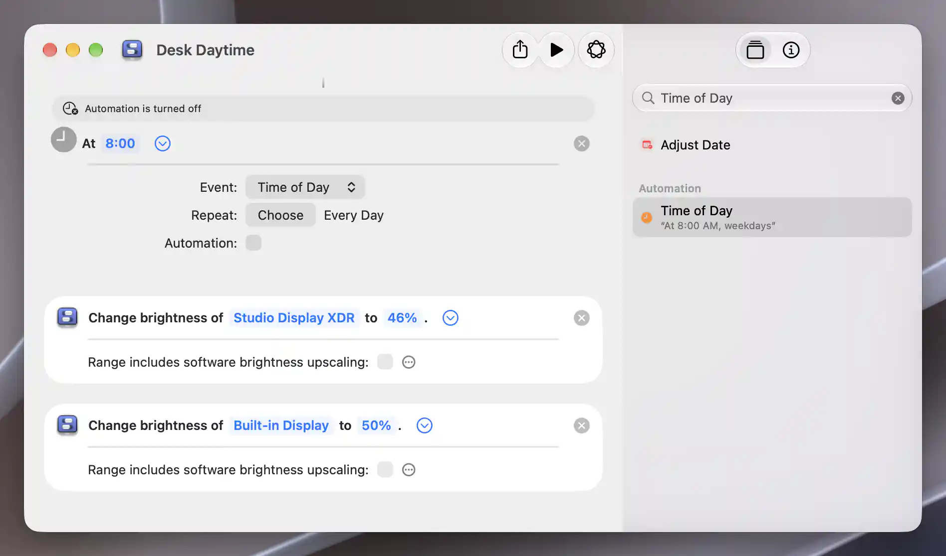 Desk Daytime’s native Time of Day automation is set to 8:00, repeats Every Day, and is turned off above its two brightness actions.