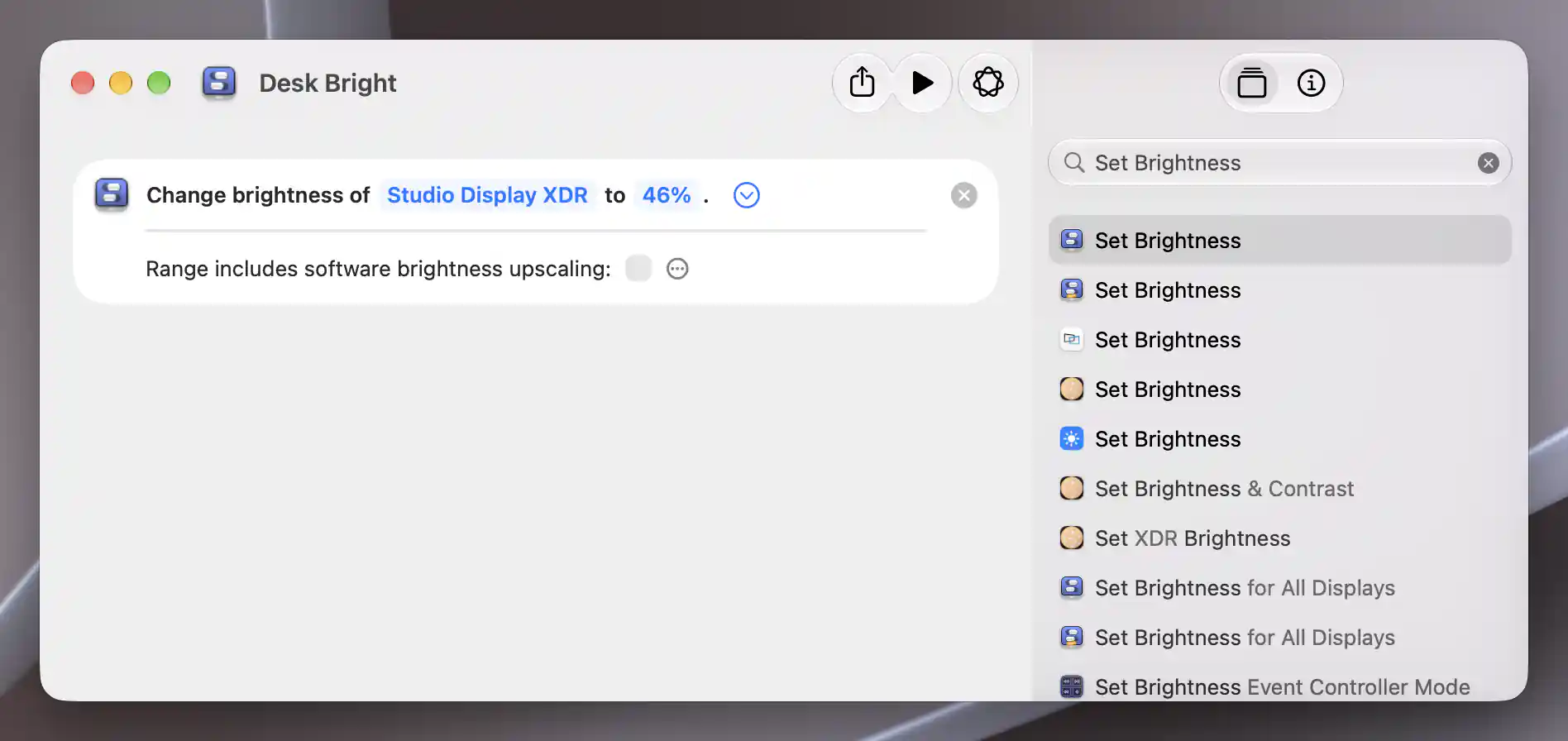 Desk Bright stores one Set Brightness request for Studio Display XDR at 46%, with software brightness upscaling off.