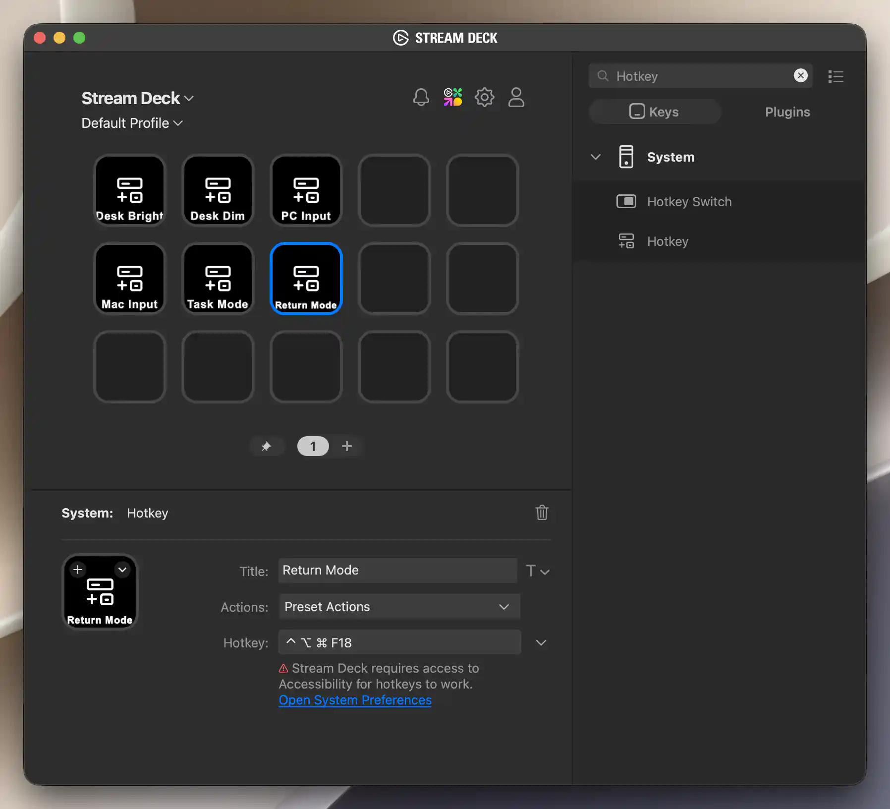 Offline Stream Deck profile with six System Hotkey keys; Return Mode is selected with its title, Control-Option-Command-F18 hotkey and Accessibility requirement visible.