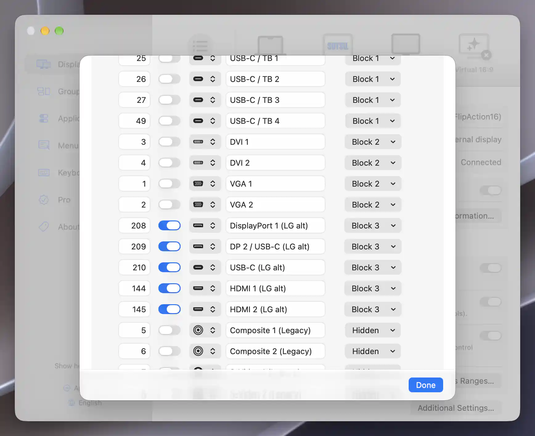 FlipAction Pro’s native customized DDC input list showing LG-alt rows209 and145 with their separate enabled LG alt switches and Block3 menu visibility.