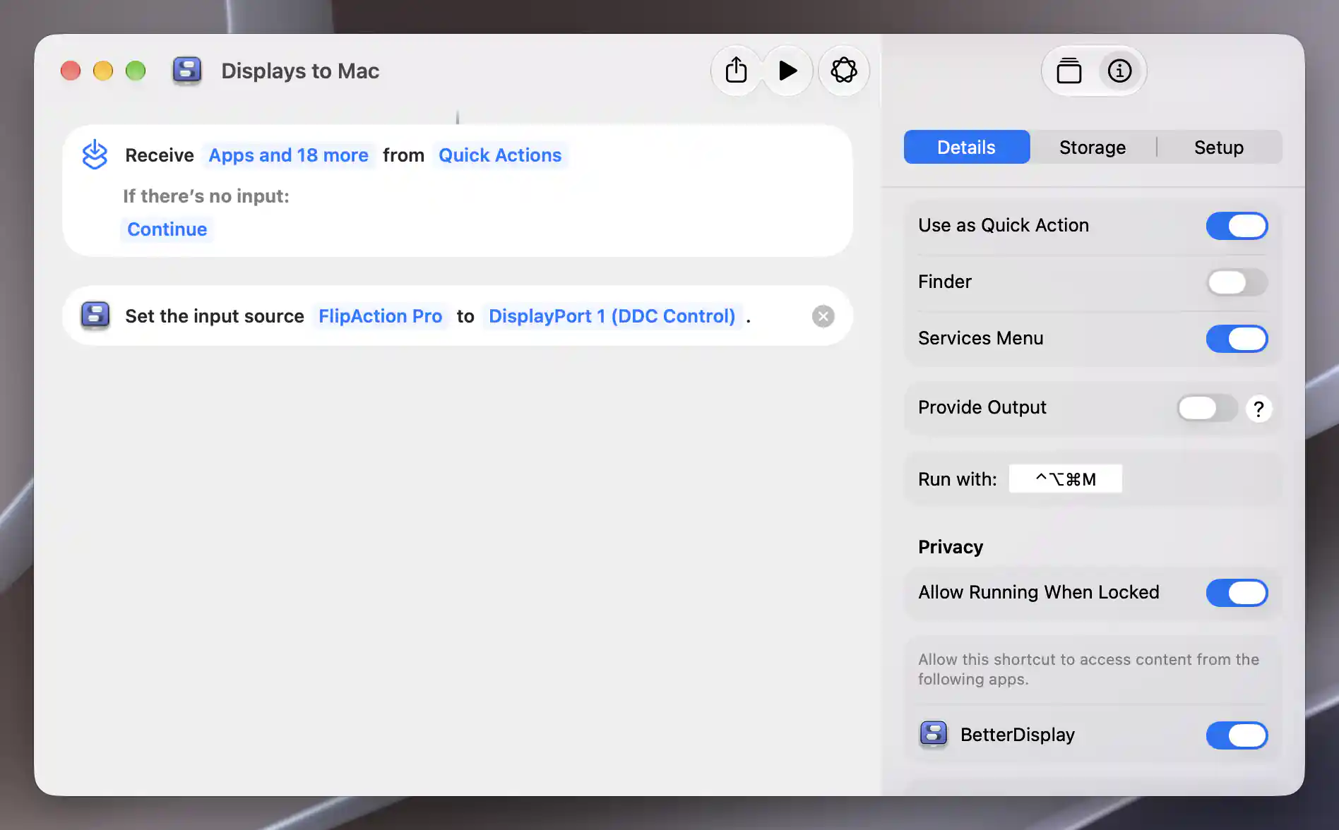 Native Displays to Mac editor with one FlipAction Pro DisplayPort1 DDC request and Control–Option–Command–M recorded in Details Run with.