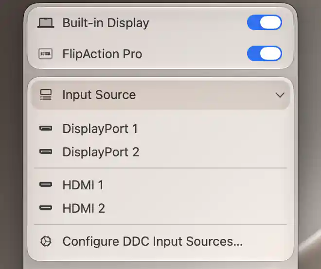 FlipAction Pro’s attached Input Source menu showing DisplayPort 1 and 2, HDMI 1 and 2, and Configure DDC Input Sources.
