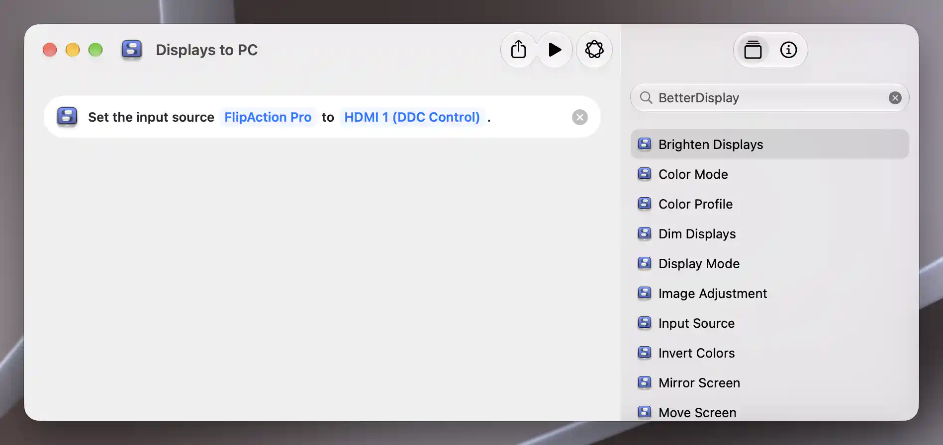 Displays to PC native Shortcuts editor with one Input Source action selecting FlipAction Pro and HDMI1 through DDC Control.