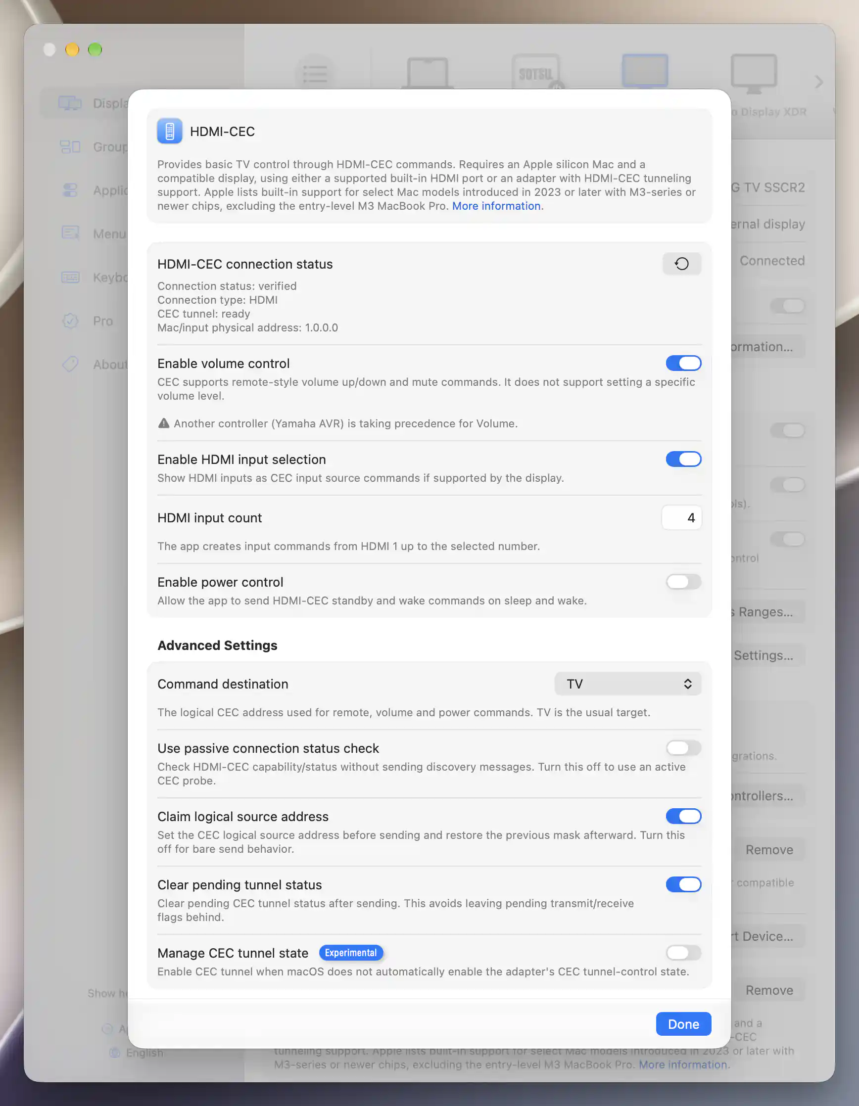 Verified HDMI-CEC connection settings for the connected LG television