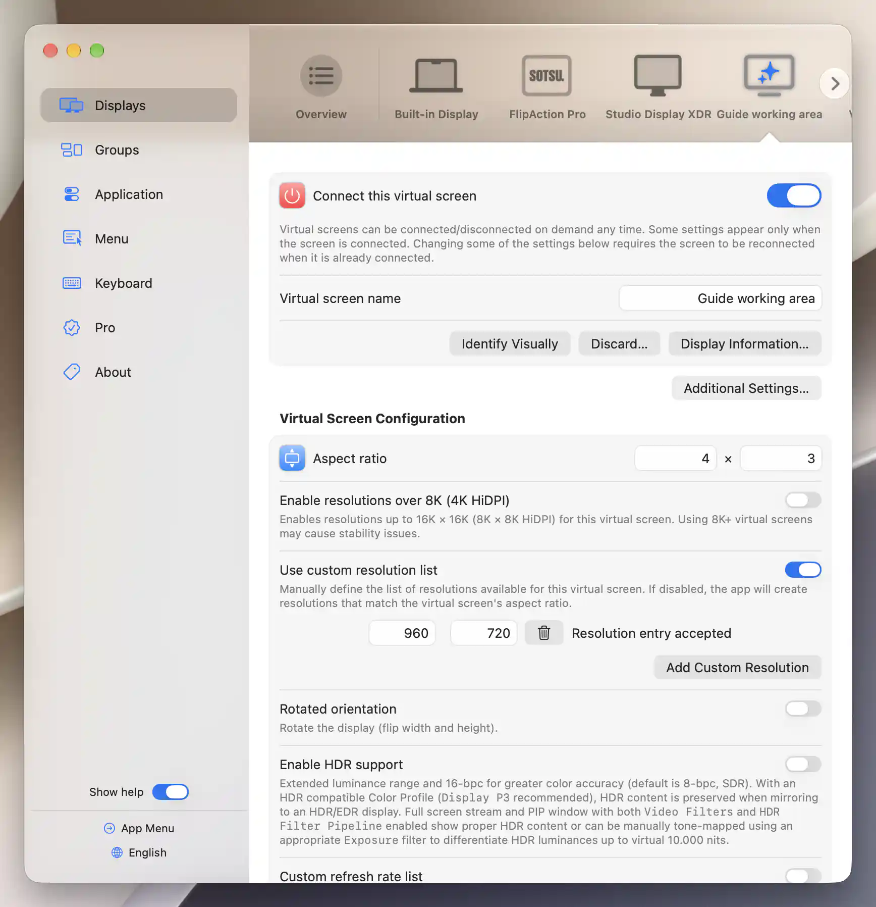 Guide working area connected with 4:3 geometry and the accepted 960 × 720 custom resolution