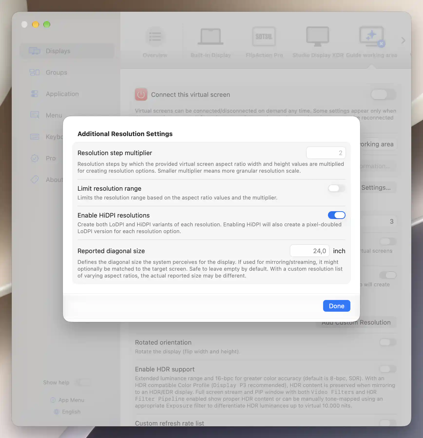 Additional Resolution Settings with Enable HiDPI resolutions on for Guide working area