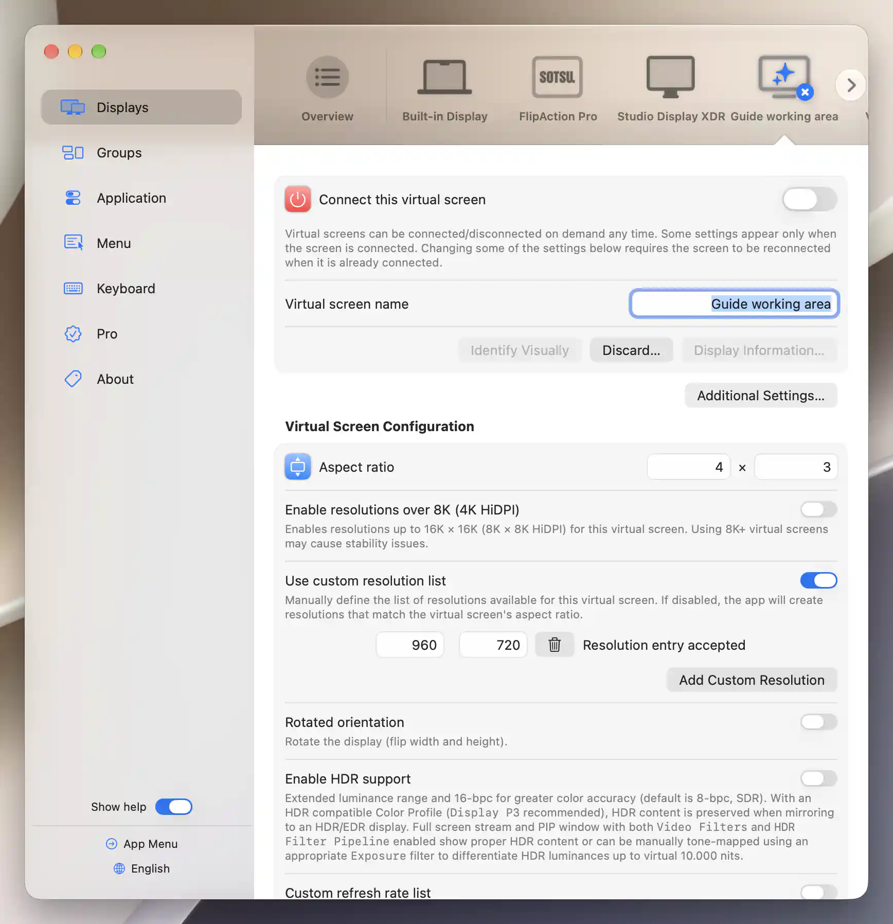 Disconnected Guide working area virtual screen with 4:3 aspect ratio and 960 × 720 custom resolution