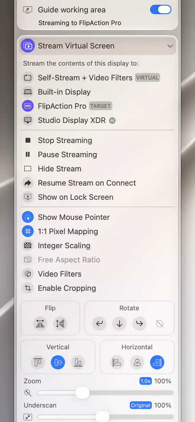 Guide working area streaming to FlipAction Pro with 1:1 Pixel Mapping, right horizontal alignment, center vertical alignment, Zoom and Underscan