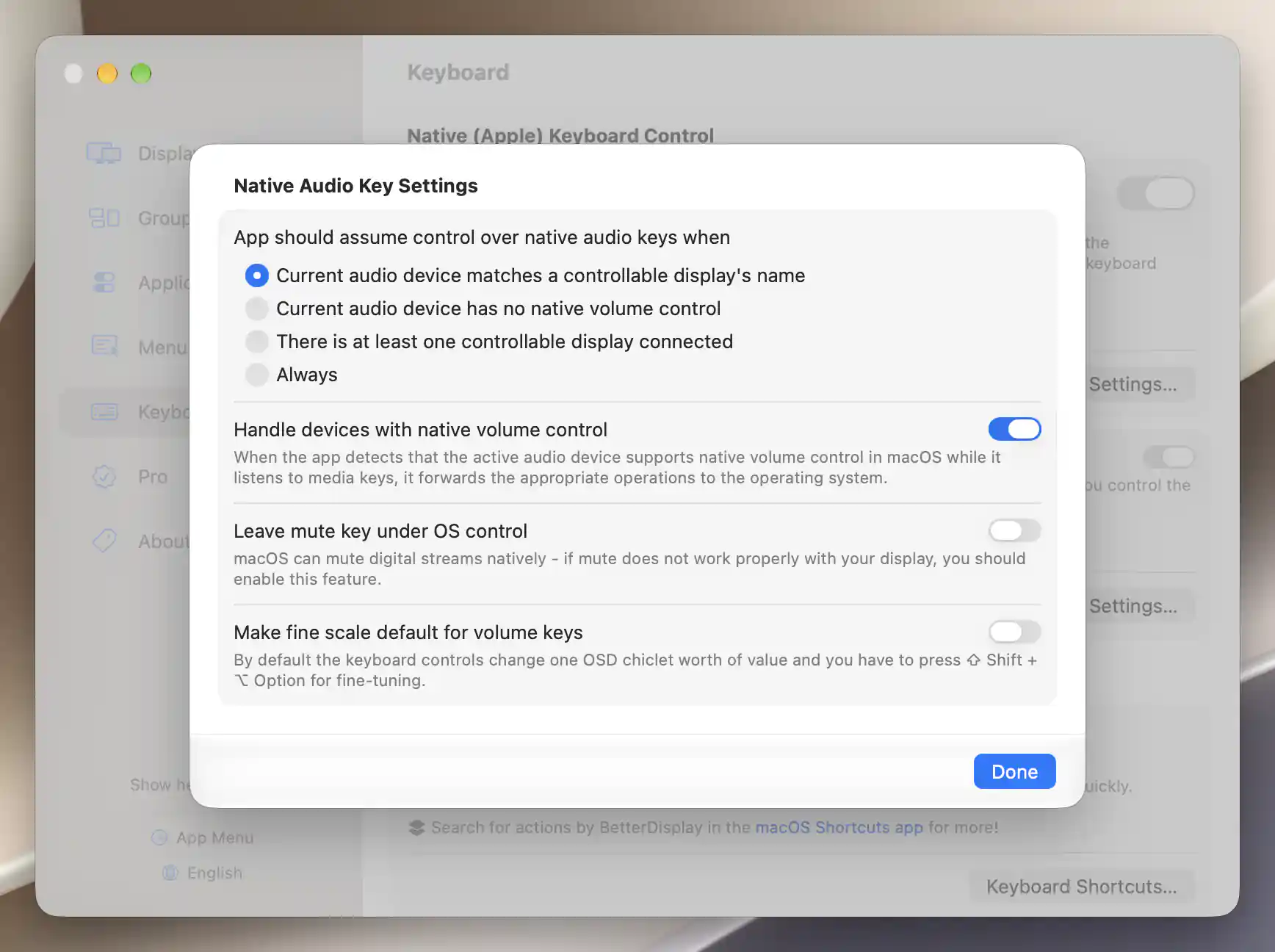Native Audio Key Settings configured for display-name matching, with native-volume devices handled and mute and fine-scale overrides off.