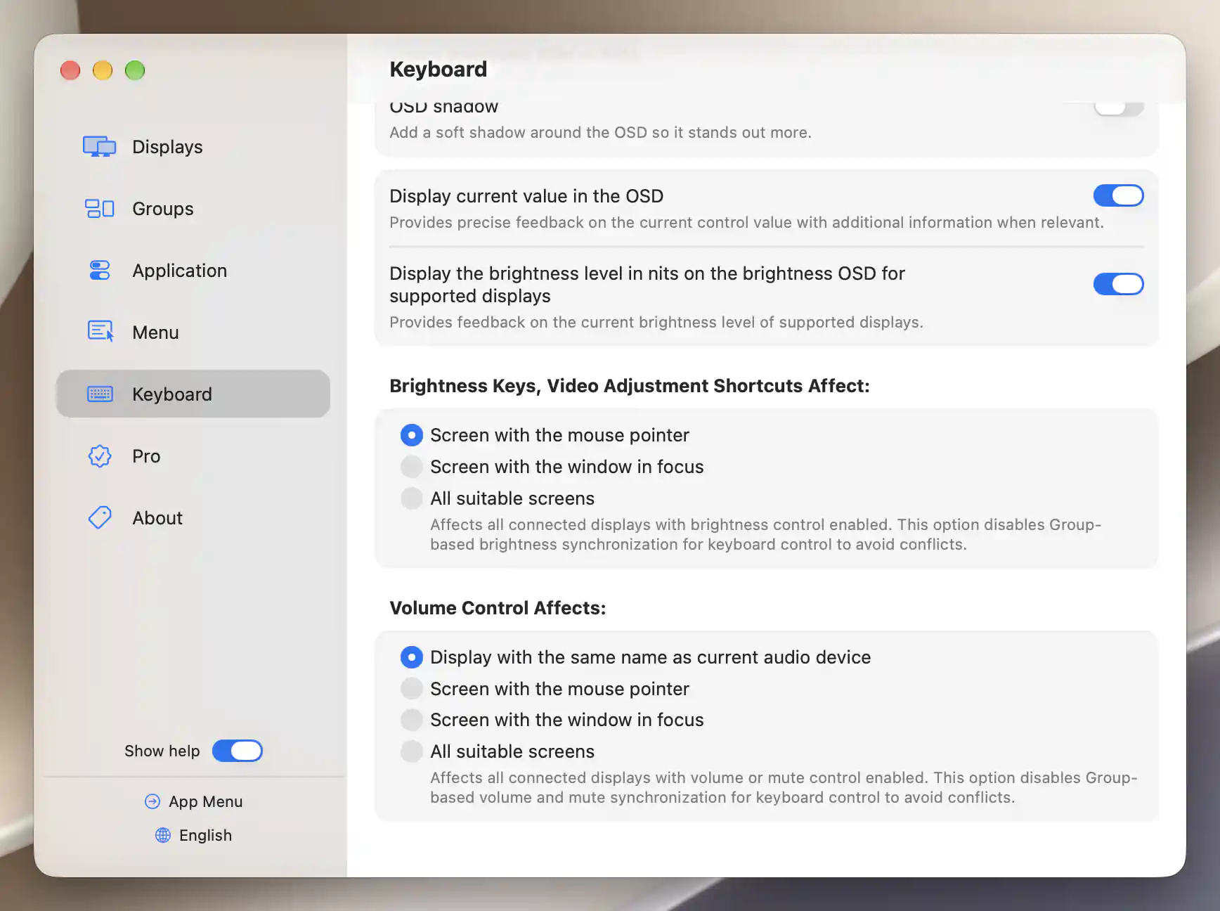 Keyboard Settings with all four Volume Control Affects choices and display-name matching selected.