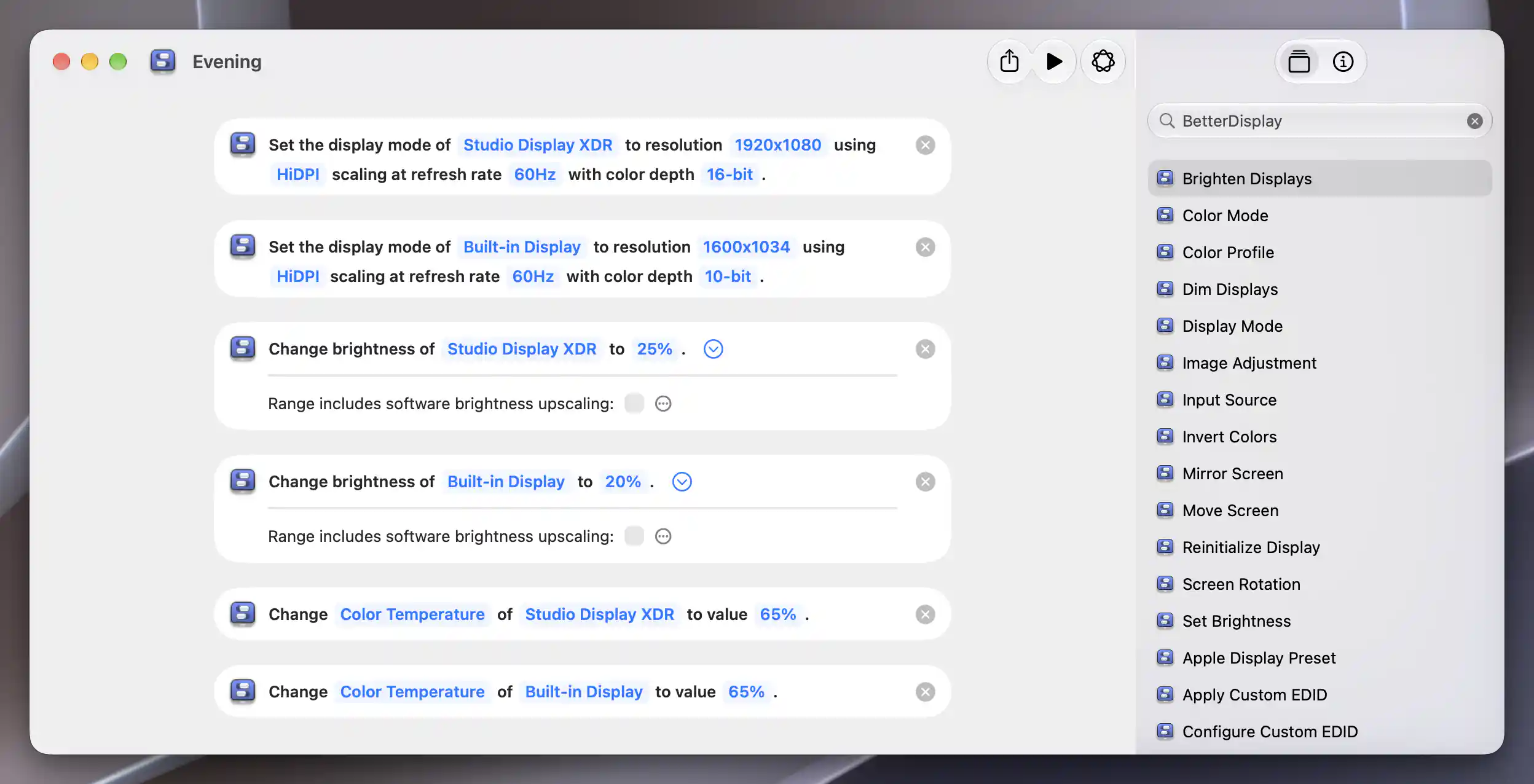 Shortcuts Evening editor with lower resolution mode requests for Studio Display XDR and Built-in Display, brightness at25% and20% with upscaling ranges off, and Color Temperature at65%.