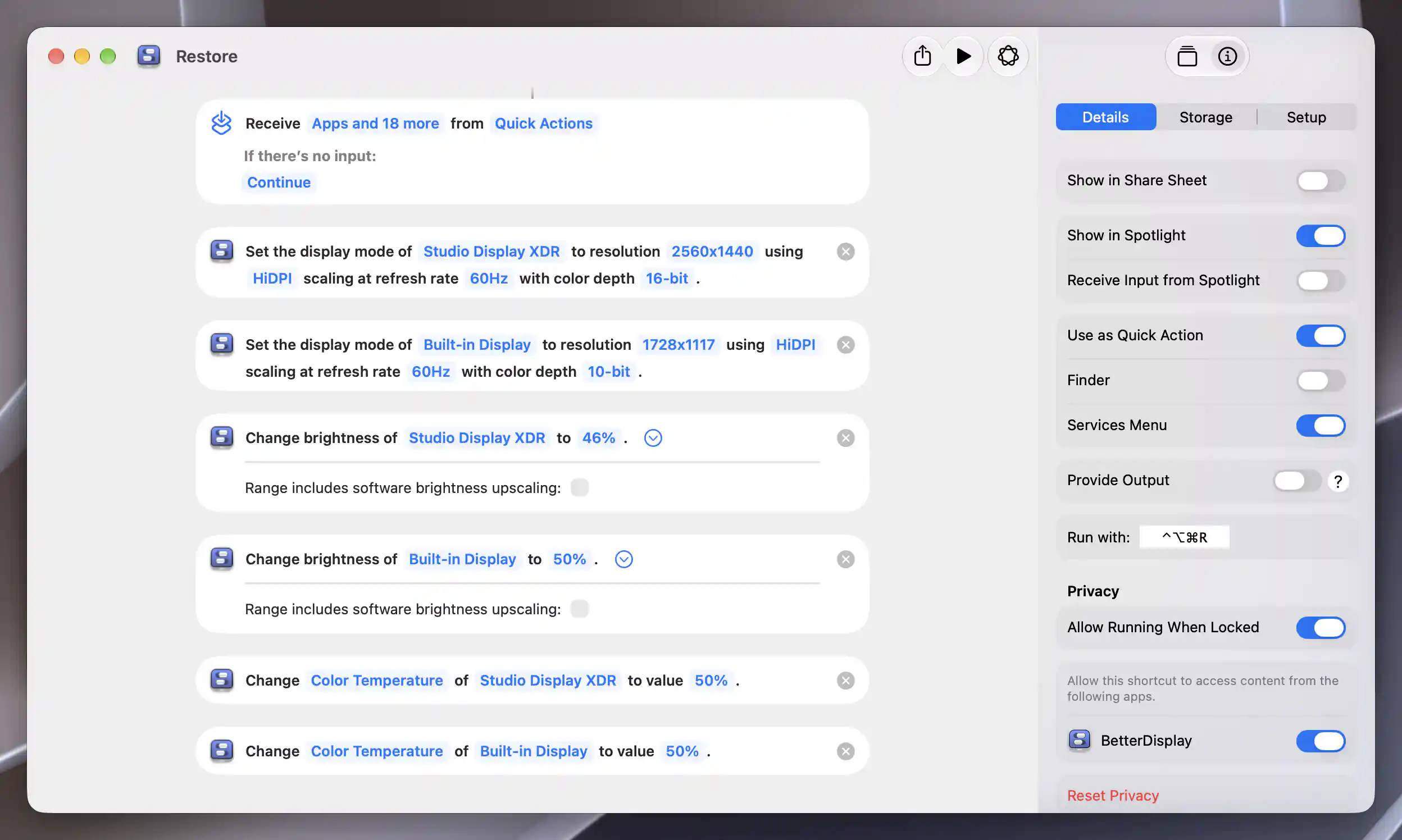 Shortcuts Restore editor with two saved mode, brightness and neutral temperature requests, and Control–Option–Command–R assigned in Details Run with.