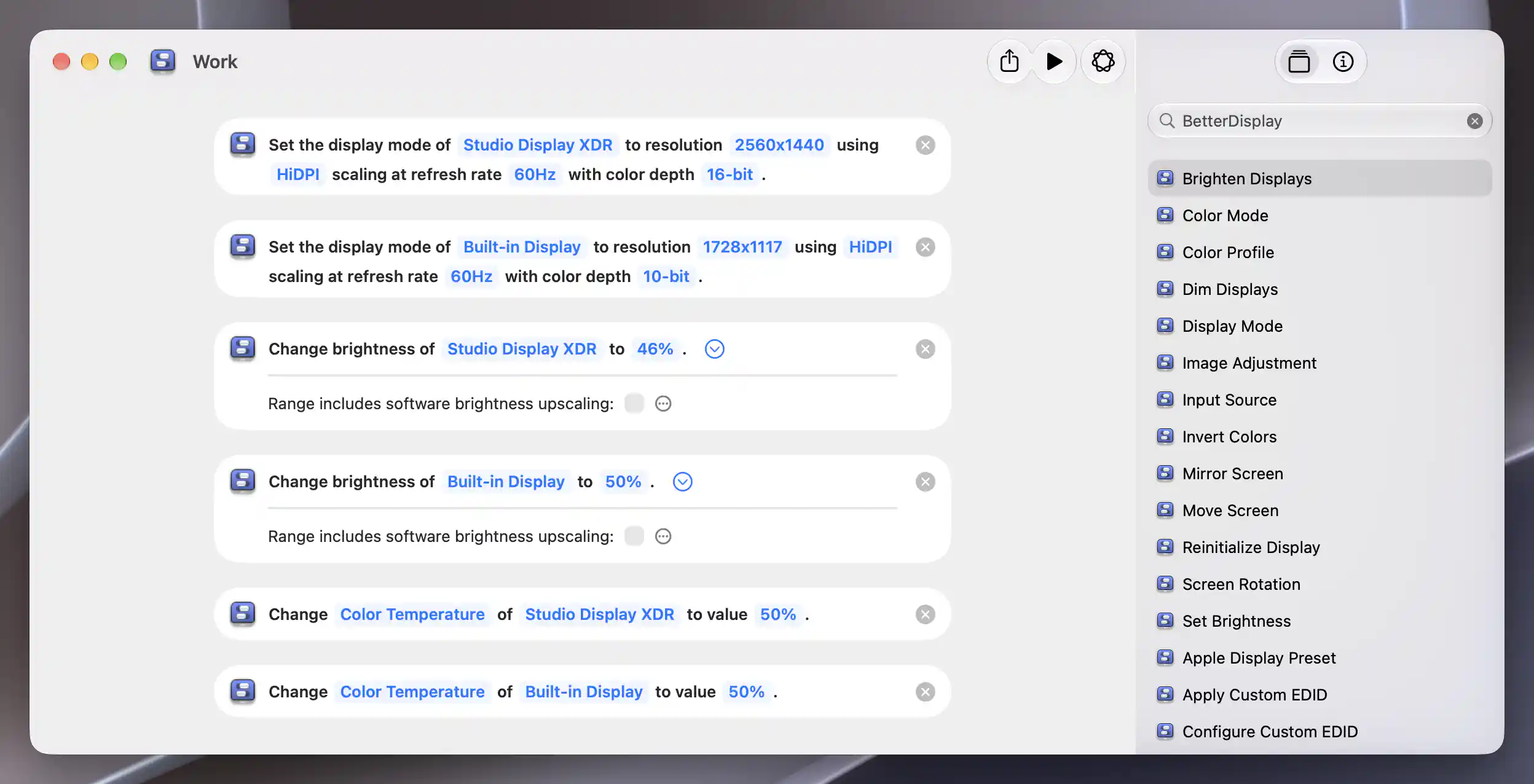 Shortcuts Work editor with Studio Display XDR and Built-in Display mode requests, brightness at 46% and 50% with upscaling ranges off, and neutral 50% Color Temperature requests.