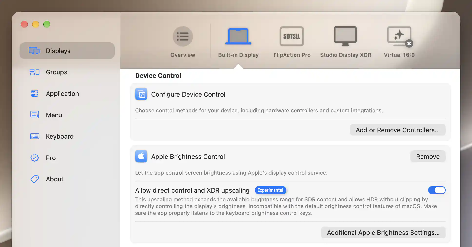 Built-in Display Apple Brightness Control with Allow direct control and XDR upscaling enabled