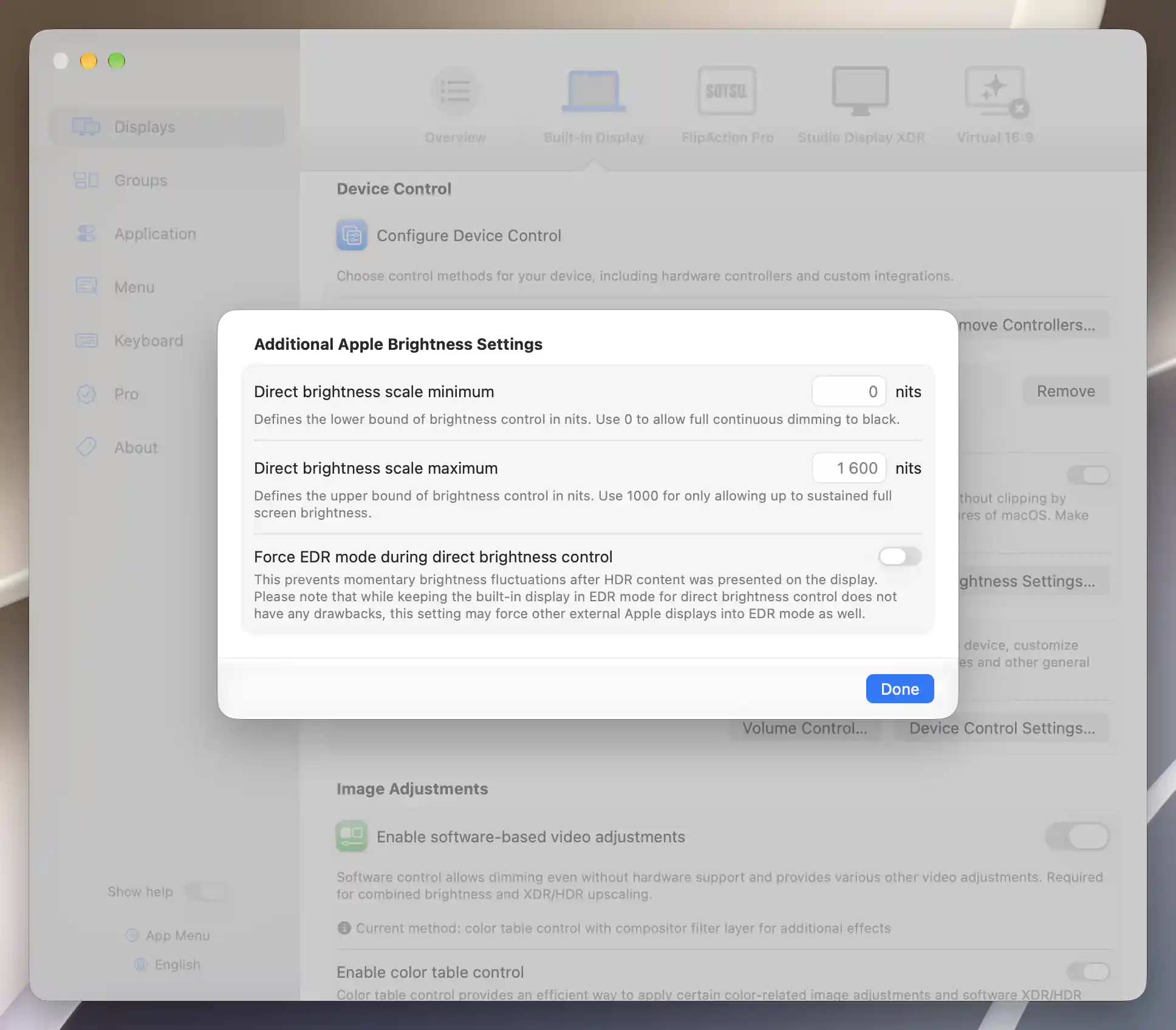 Built-in Display Additional Apple Brightness Settings with the default range of 0–1600 nits and Force EDR off