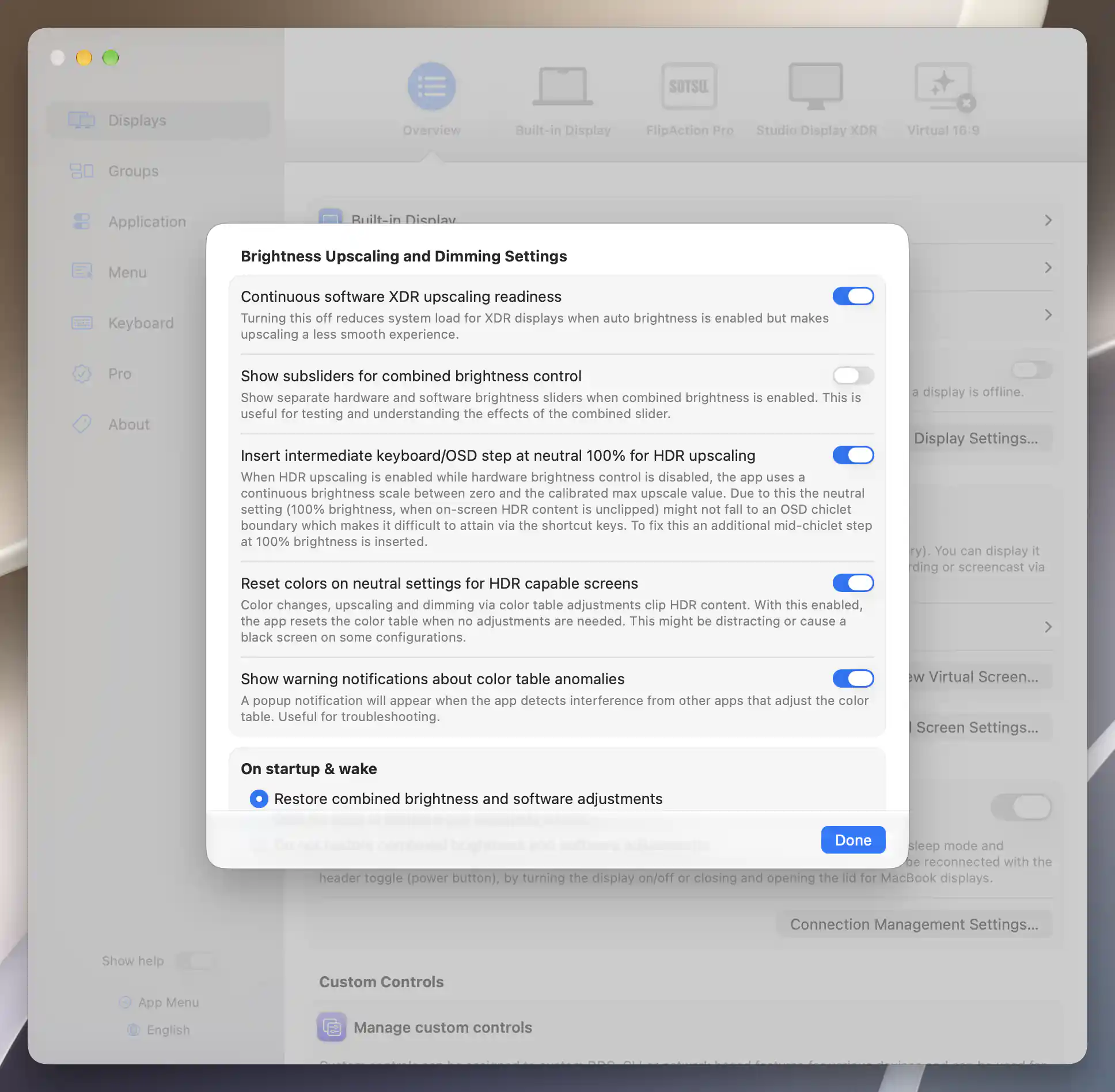 Brightness upscaling settings with continuous readiness, the neutral keyboard step and reset colors at neutral enabled