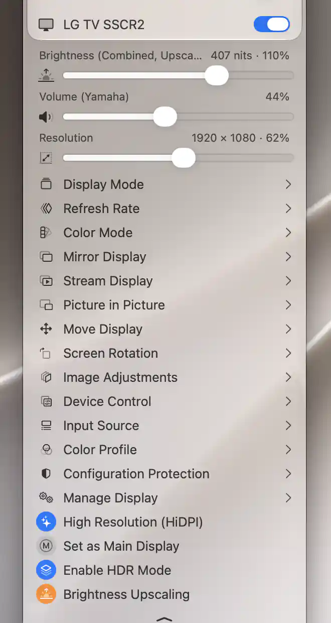 External HDR display with HDR Mode and Brightness Upscaling active
